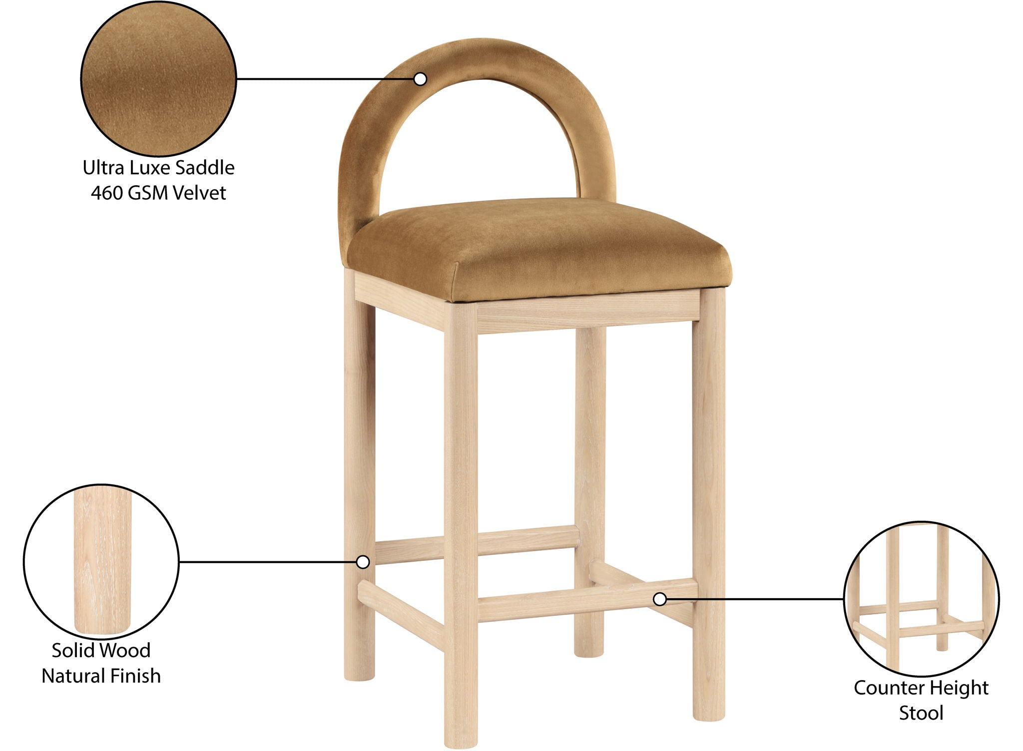 Conrad - Velvet Counter Stool With Natural Legs - Saddle