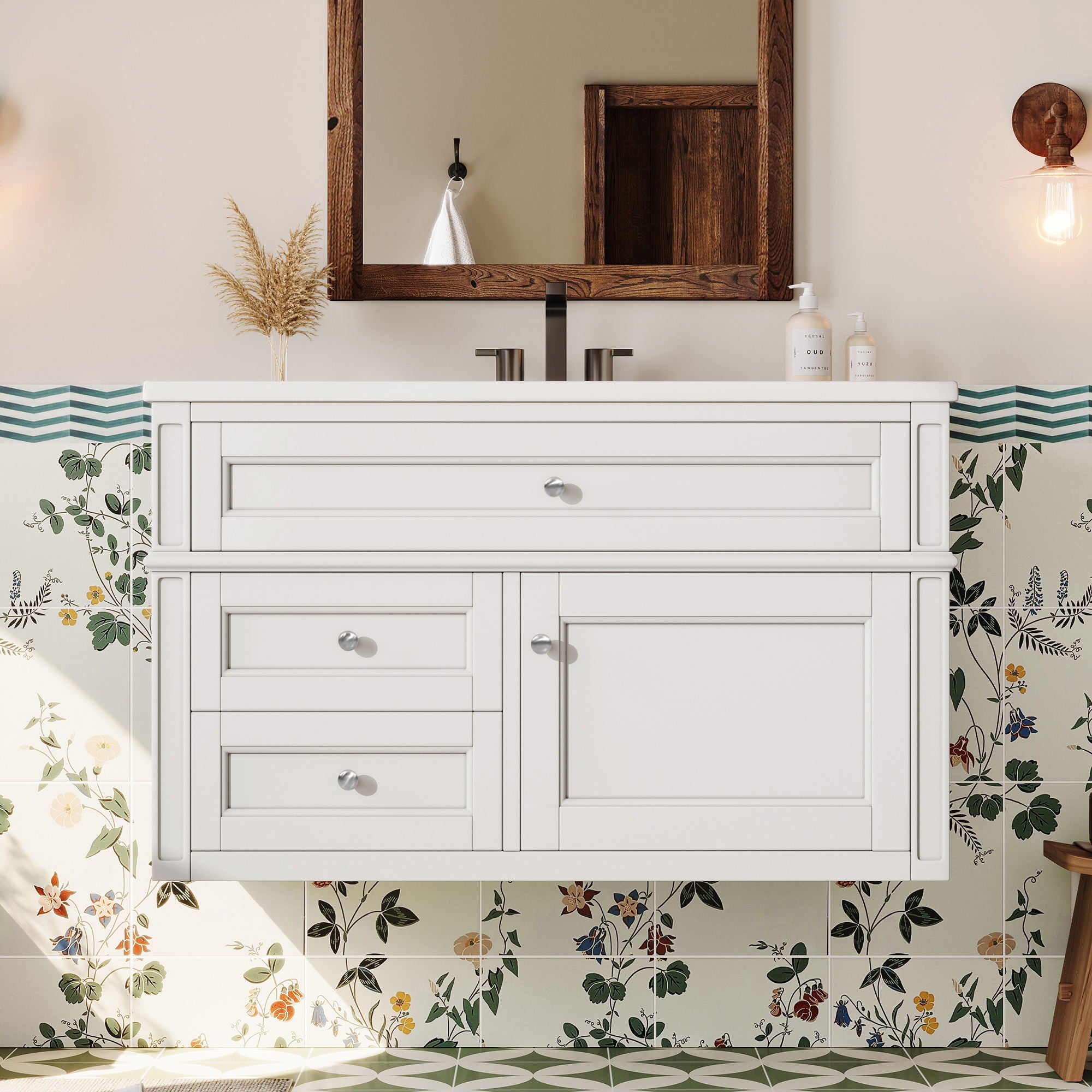 Modern Wall Mounted Floating Cabinet With Double Drawer And Sink