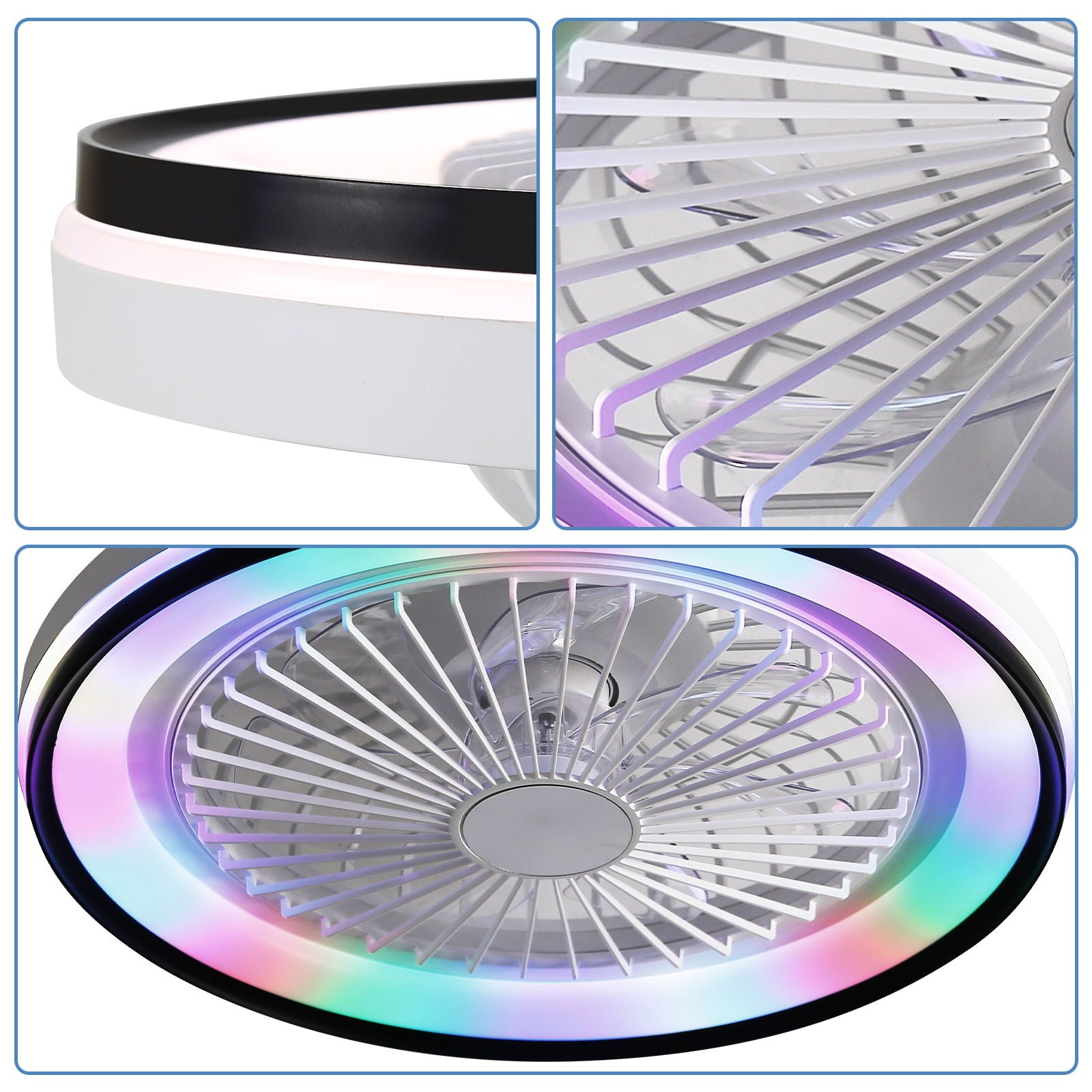 RGB Dimmable LED Bladeless Ceiling Fan With Remote Control, Flush Mount - White