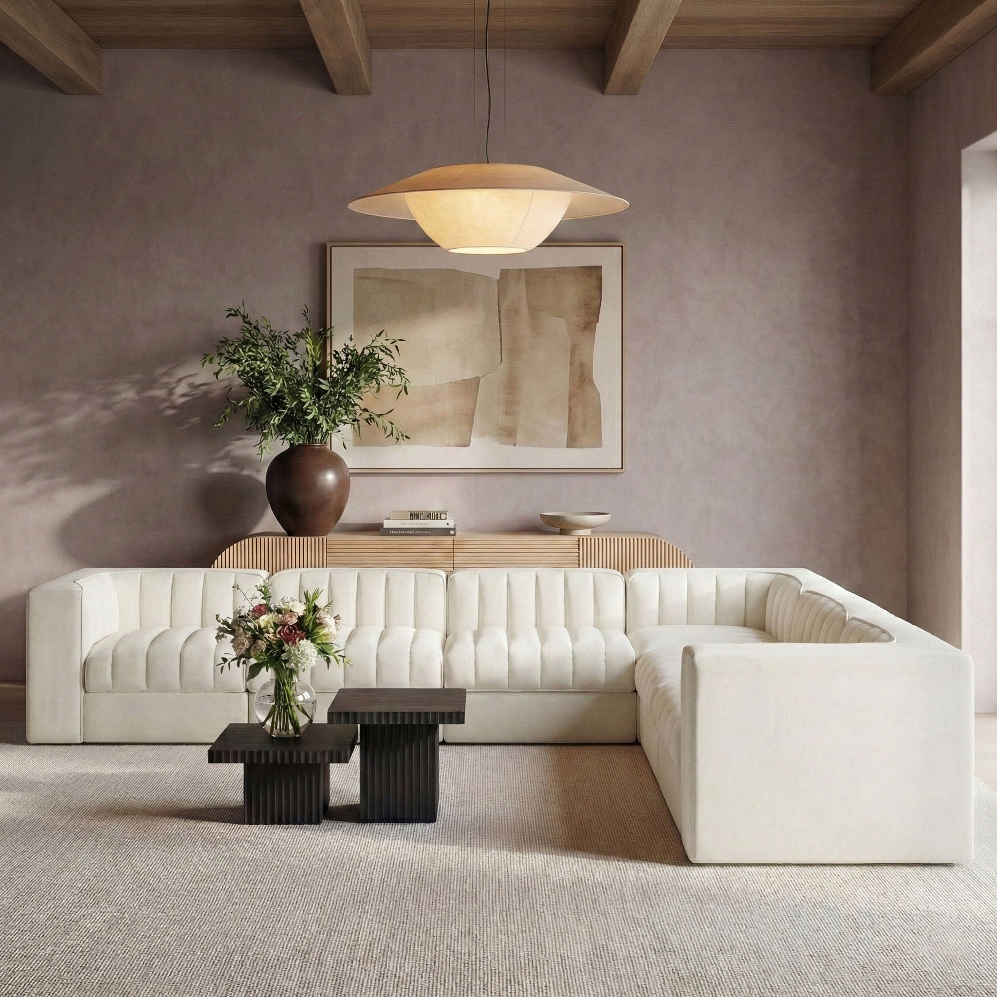 Rummi - Symmetrical Velvet Performance Fabric Upholstered 7 Piece Modular Sectional (With 3 Corner Chairs)