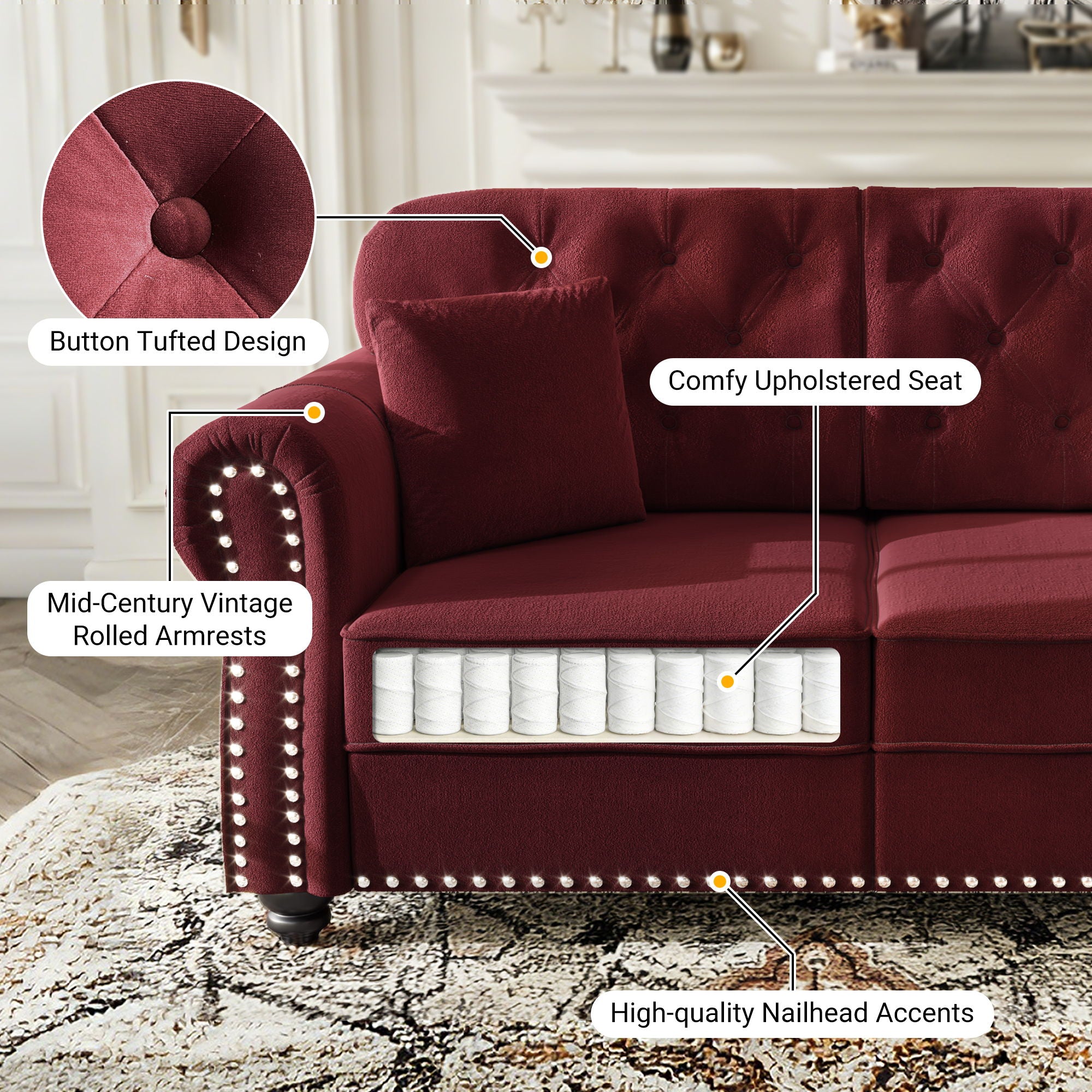 Upholstered Sofa Set With Nailhead Trim And Rolled Armrests, Includes Pillows