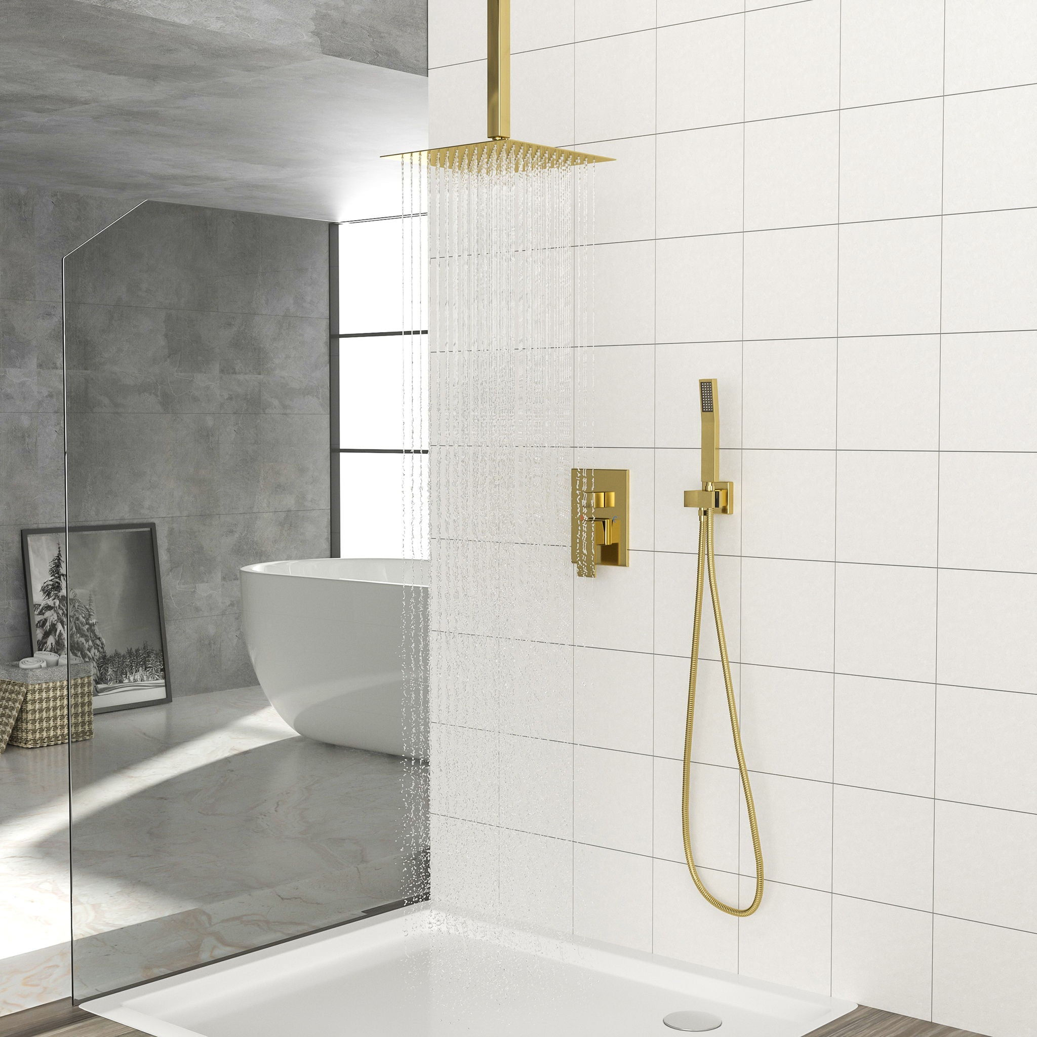Dual Shower Head System With Ceiling Mount And Rough In Valve