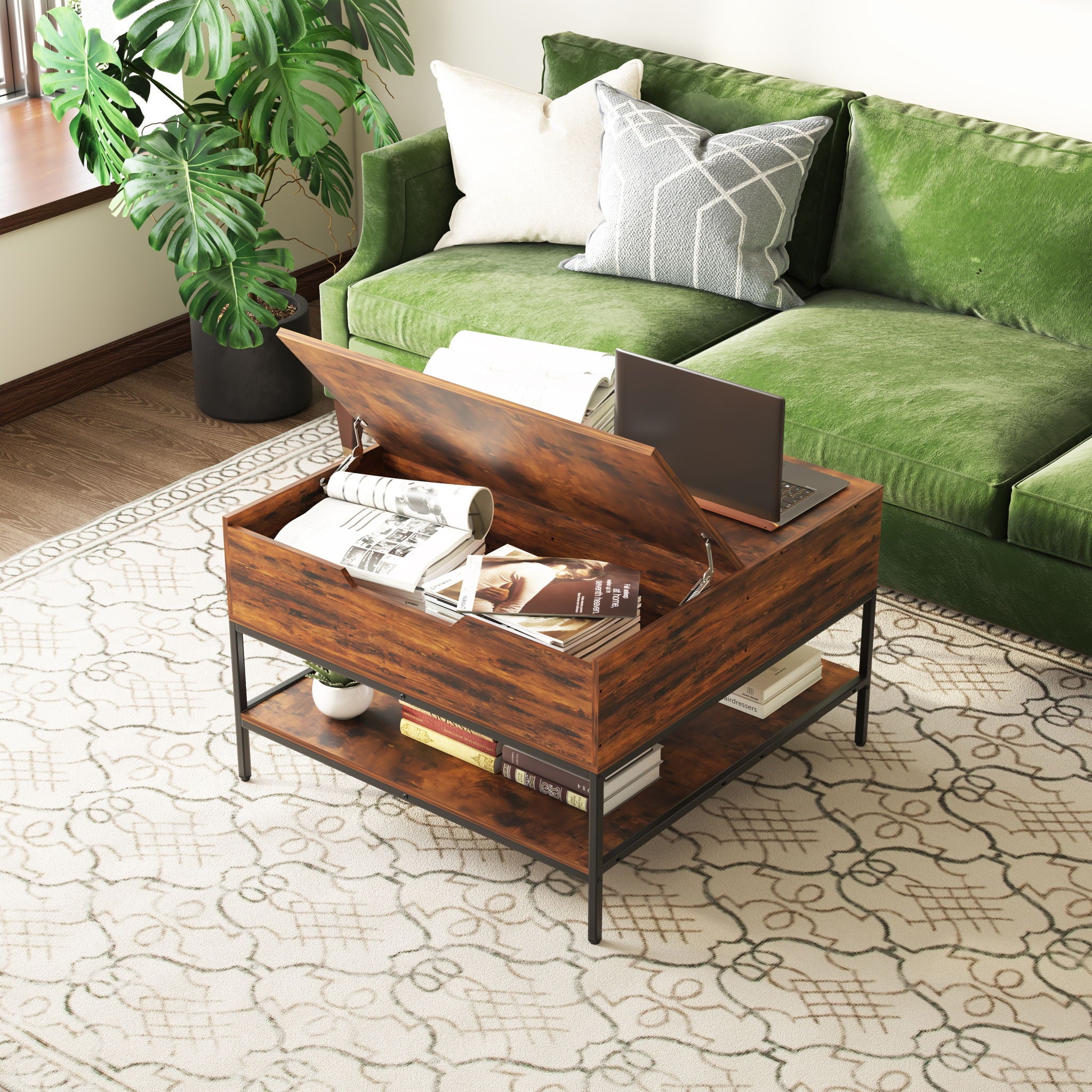 Flip-Top Coffee Table With Storage Lift-Top Design With Hidden Compartment - Black