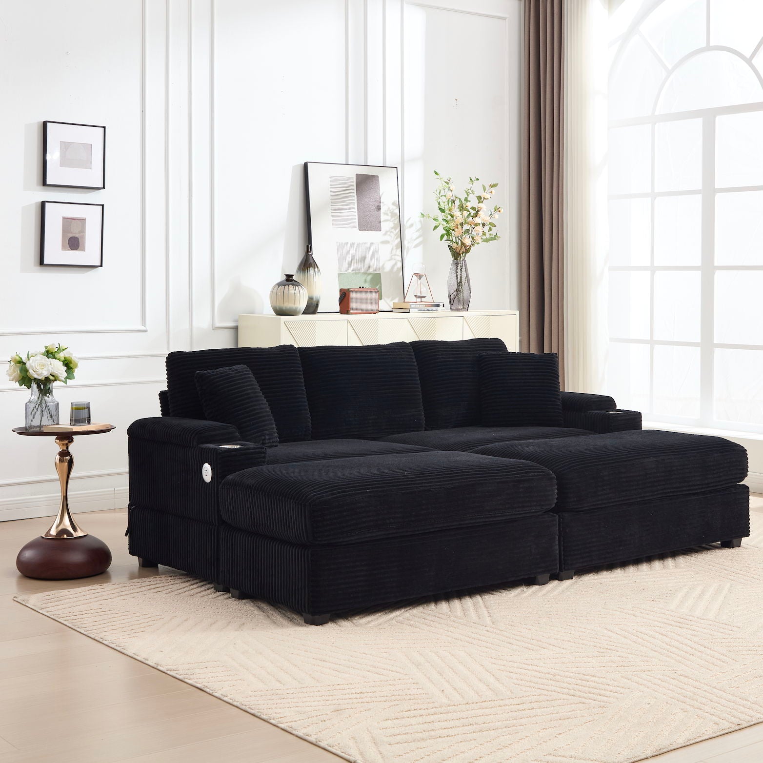 Convertible Sectional Sofa Bed Set With Armrest Storage, Cup Holder, USB - Black