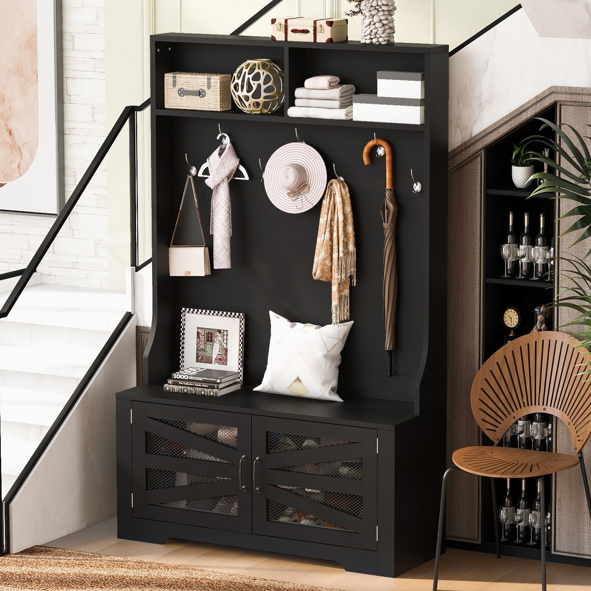 Entryway Bench With Coat Rack, 3 In 1 Design And Adjustable Shelves