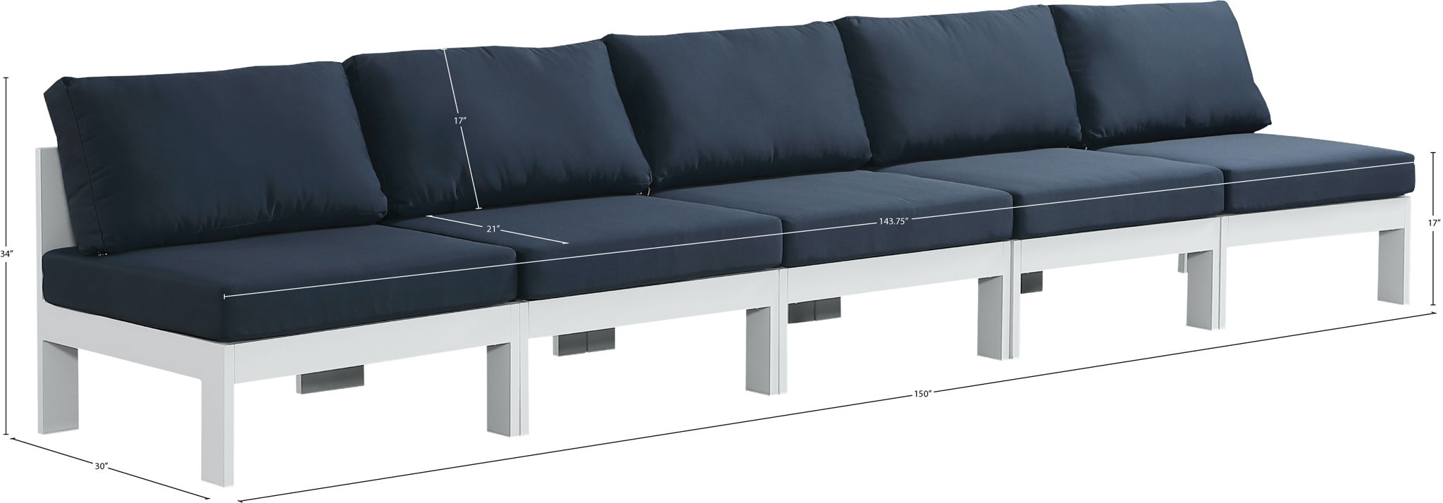 Nizuc - Outdoor Patio 5 Seat Modular Armless Sofa With White Frame