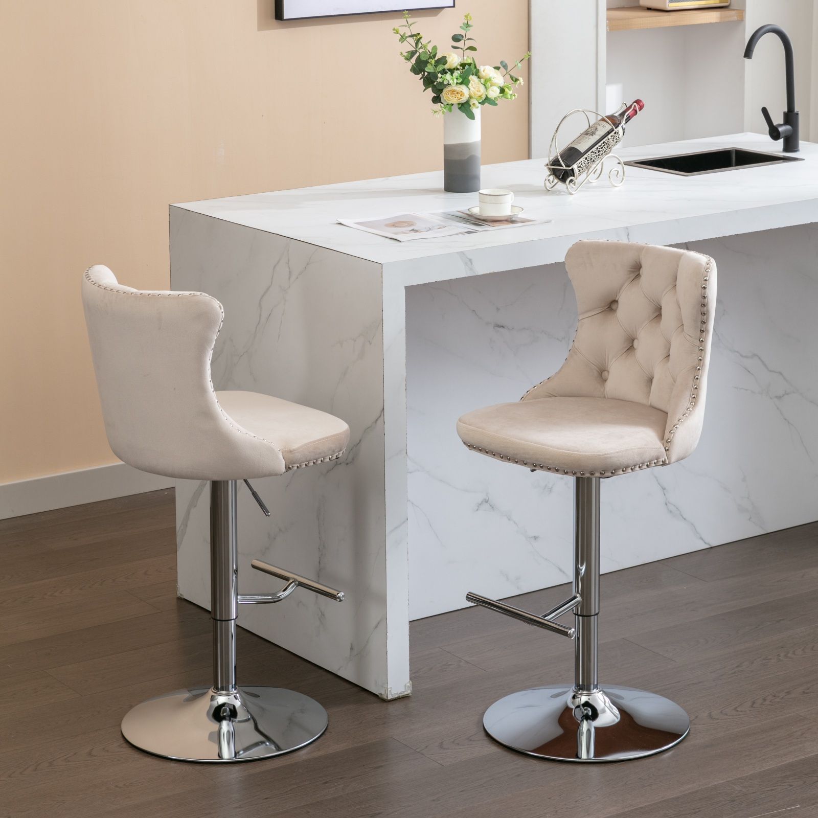 Swivel Barstools Adjusatble Seat Height From 25-33", Modern Upholstered Base Bar Stools With Backs Comfortable Tufted For Home Pub And Kitchen Island (Set of 2)