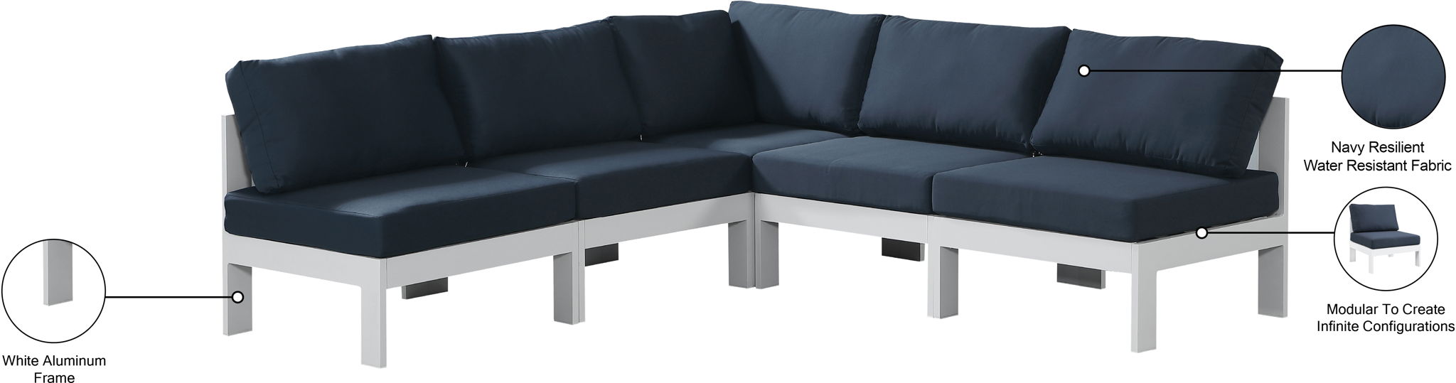 Nizuc - Outdoor Patio 5 Piece Modular Sectional With White Frame