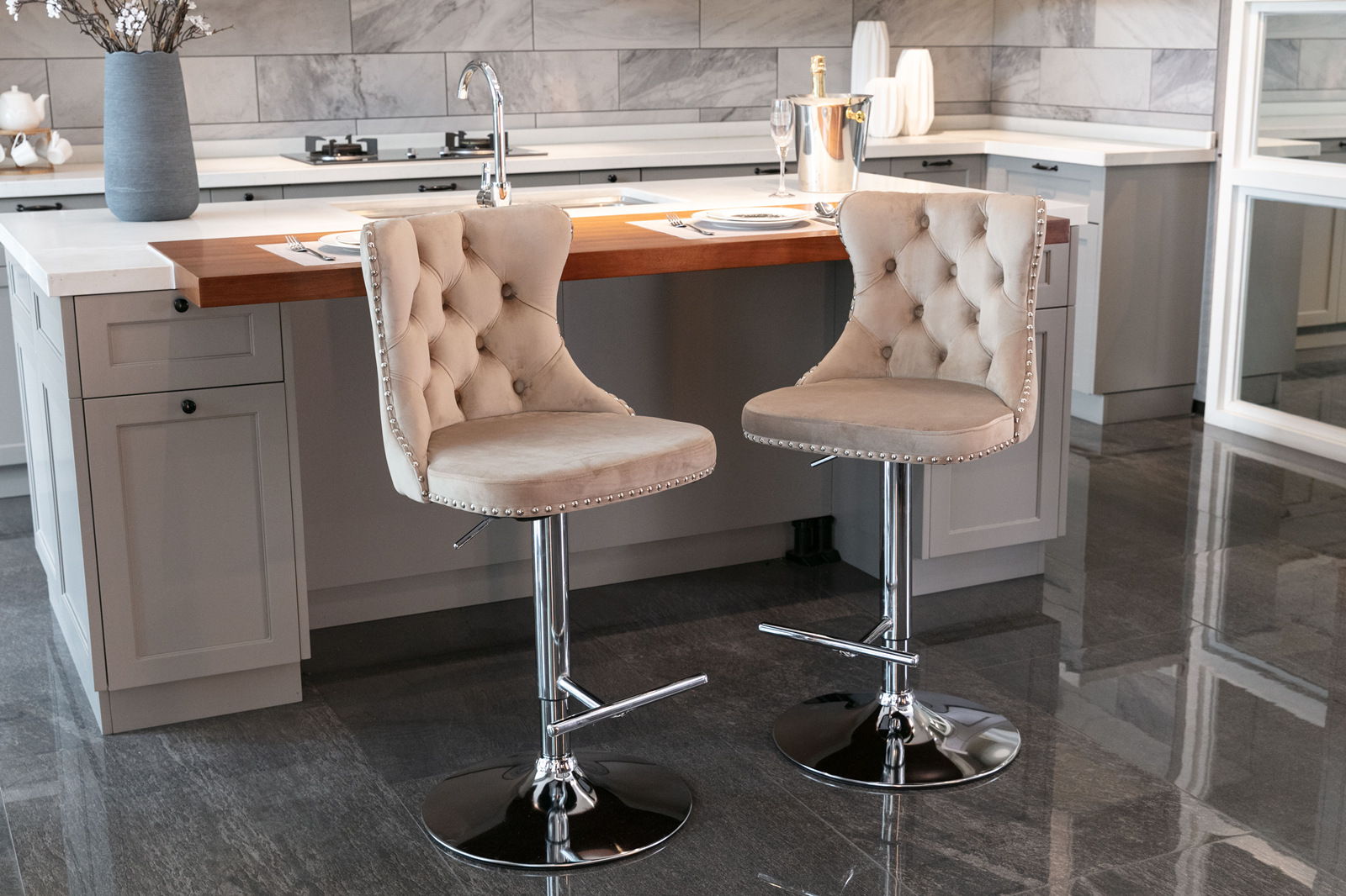 Swivel Barstools Adjusatble Seat Height From 25-33", Modern Upholstered Base Bar Stools With Backs Comfortable Tufted For Home Pub And Kitchen Island (Set of 2)