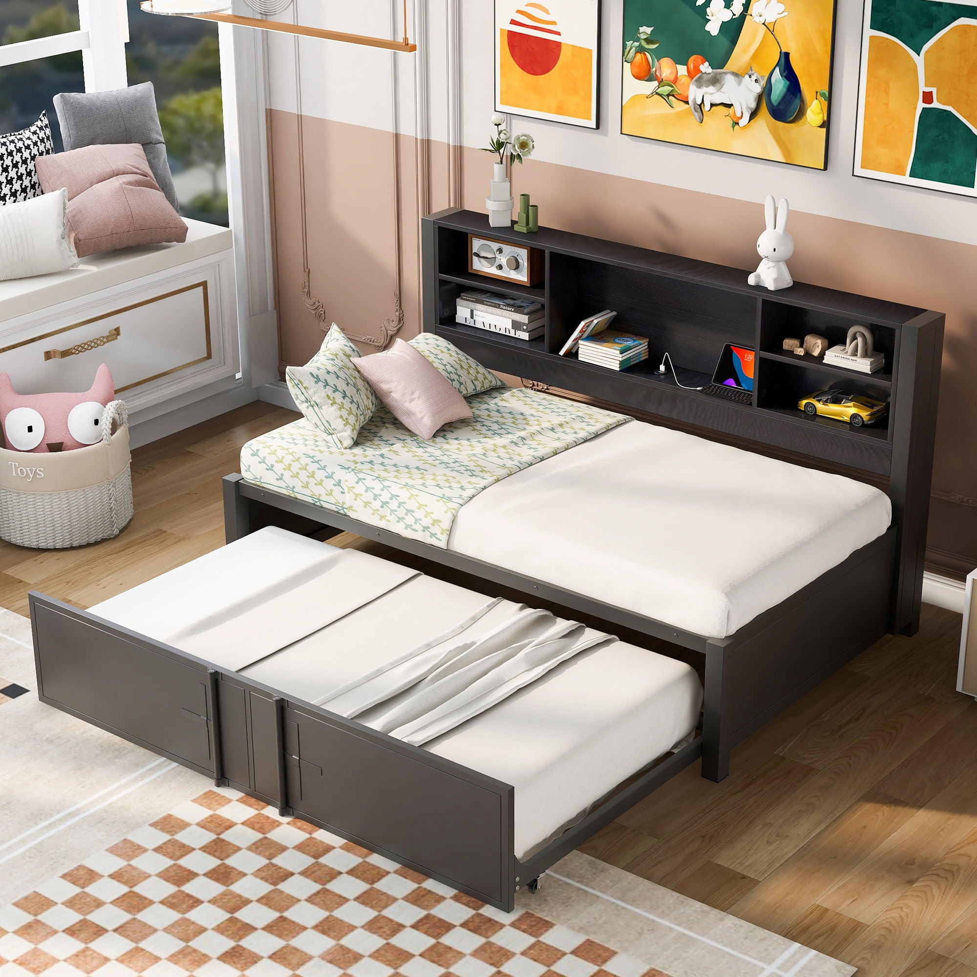 Industrial Metal Daybed With Trundle, Storage Shelves, USB Ports