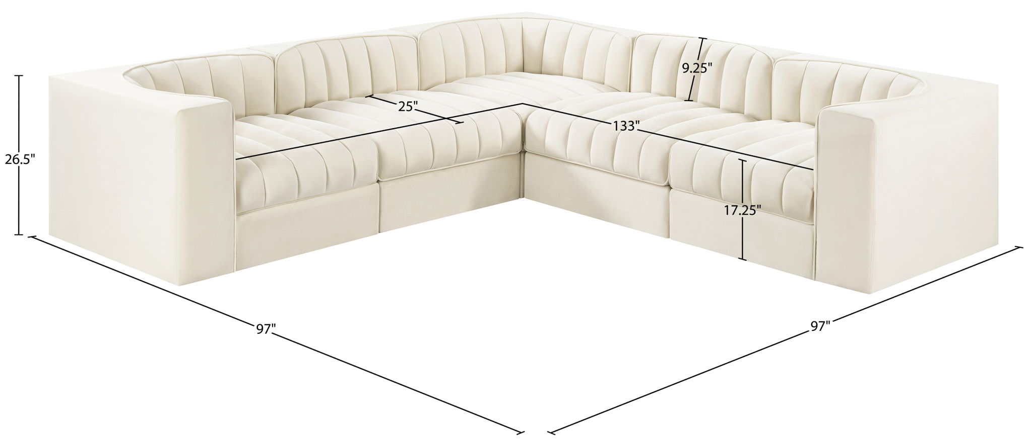 Rummi - Symmetrical Velvet Performance Fabric Upholstered 5 Piece Modular Sectional