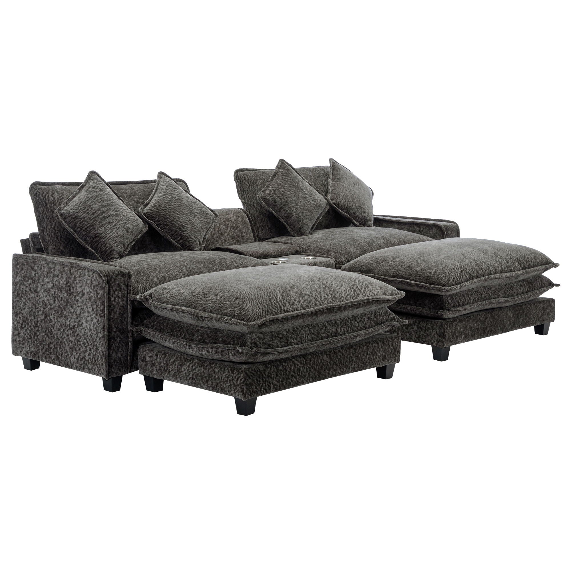 Sectional Sofa Upholstered Sofa With Two Removable Ottoman, Two USB Ports, Two Cup Holders And Large Storage Box For Living Room