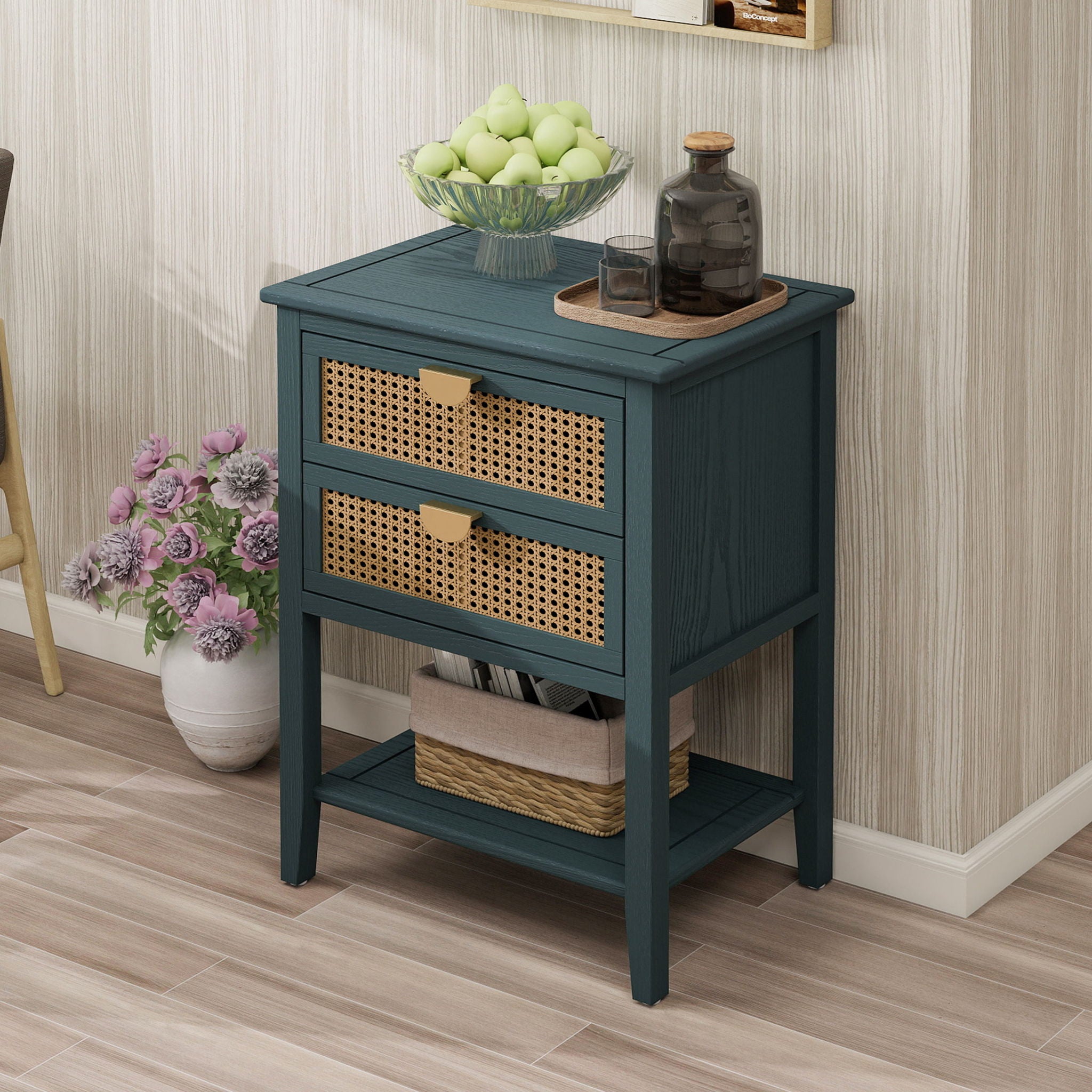 2 Drawer Side Table, Natural Rattan