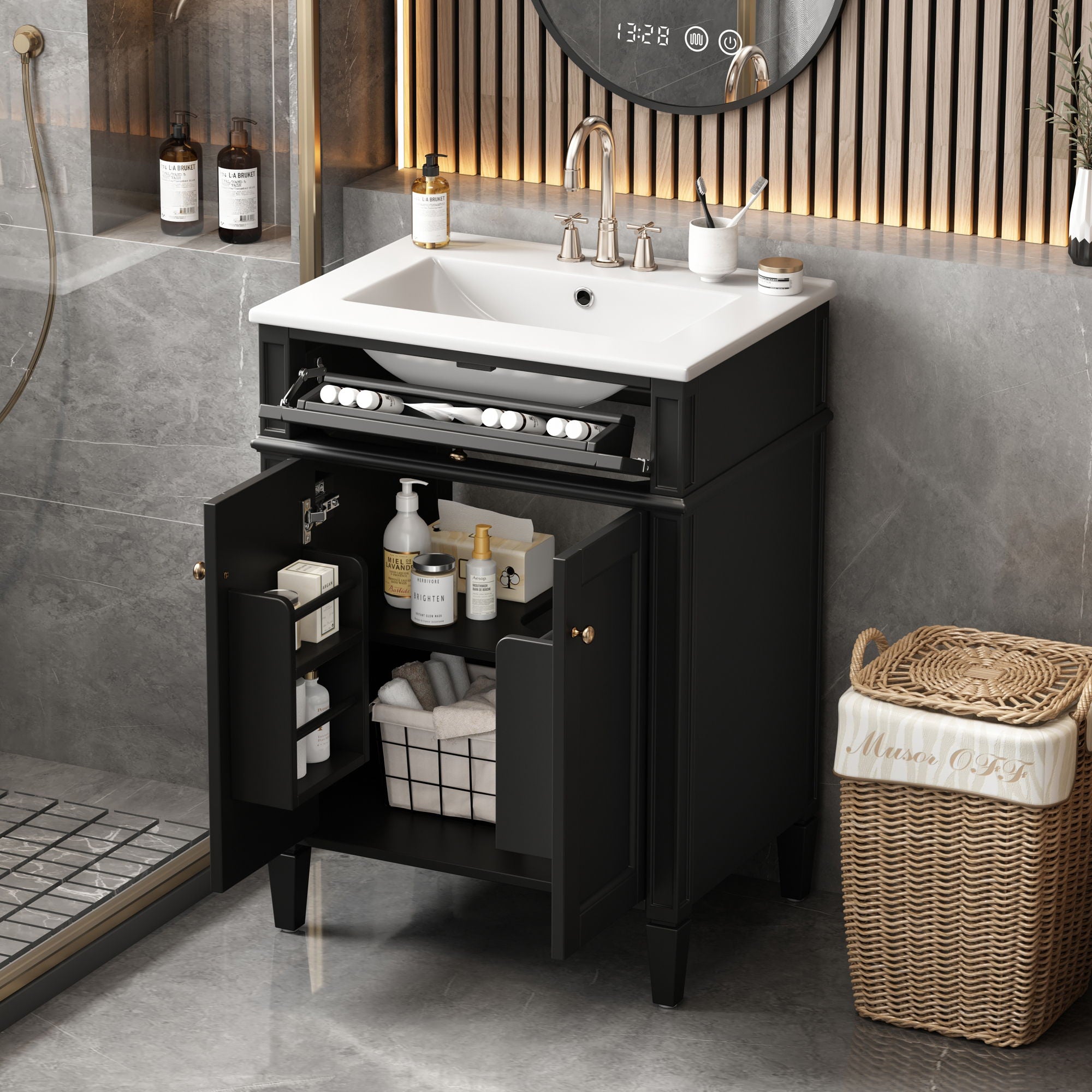 Bathroom Vanity With 2 Doors And Tip Out Drawer, Soft Closing Hinges