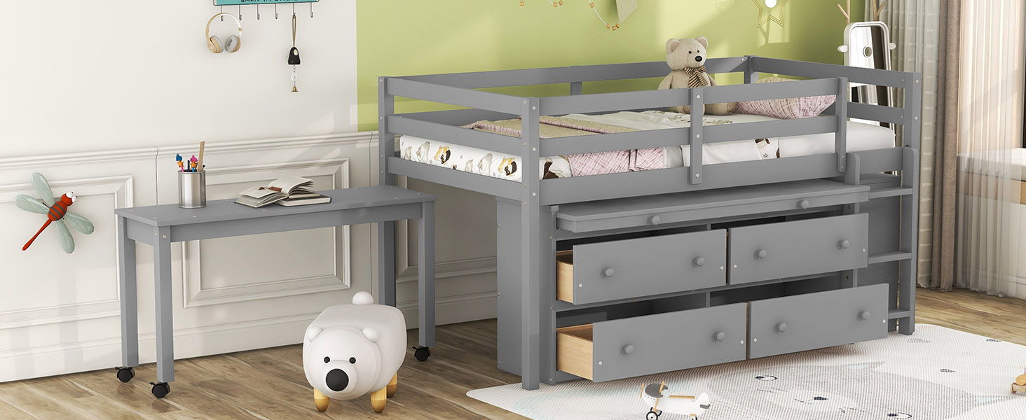Loft Bed With Retractable Writing Desk And 4 Drawers, With Lateral Portable Desk And Shelves