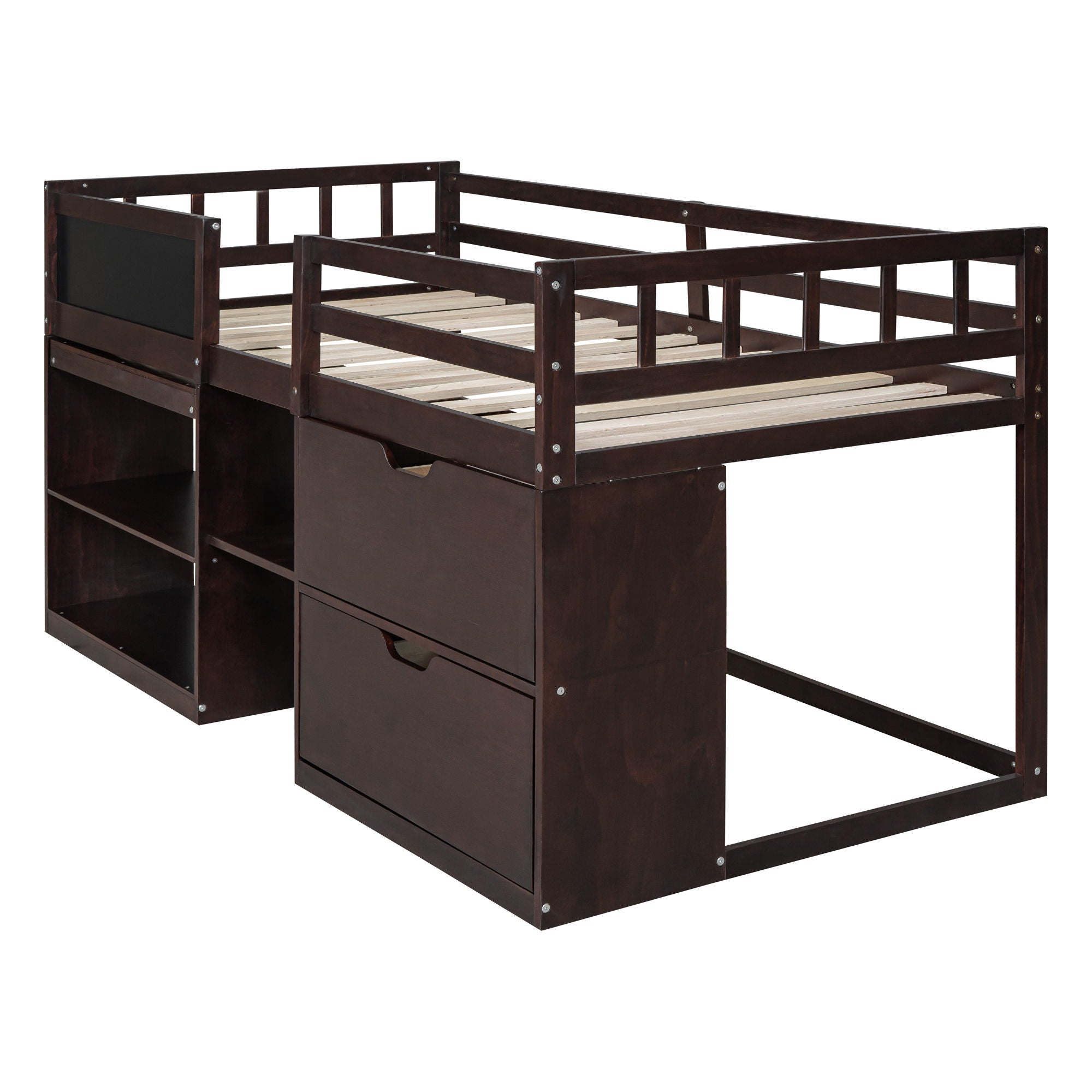 Low Loft Bed With Rolling Desk, Shelf And Drawers