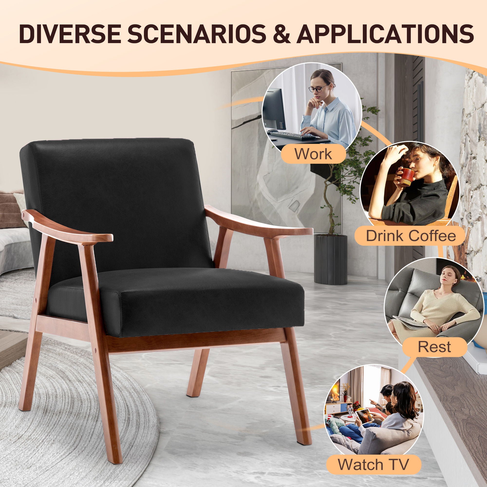 Mid Century Modern Accent Chair With Solid Wood Frame And Extra Thick Backrest
