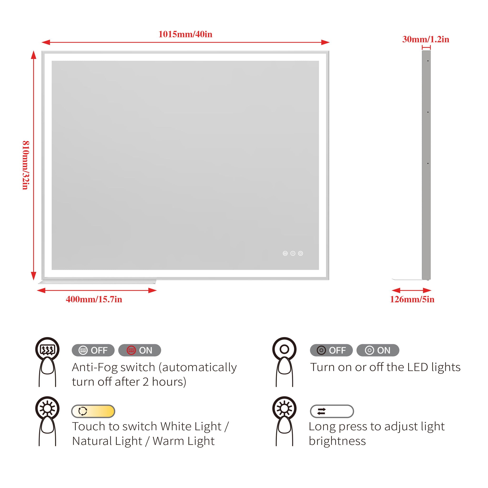 LED Bathroom Vanity Mirror Wall Mounted Adjustable / Warm / Natural Lights Anti-Fog Touch Switch With Memory Modern Smart Large Bathroom Mirrors