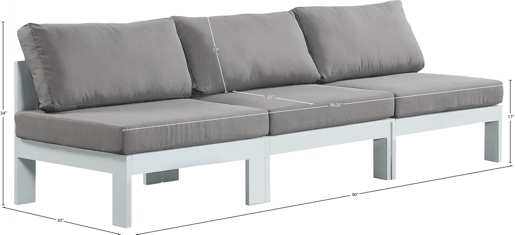 Nizuc - Outdoor Patio 3 Seat Armless Modular Sofa With White Frame