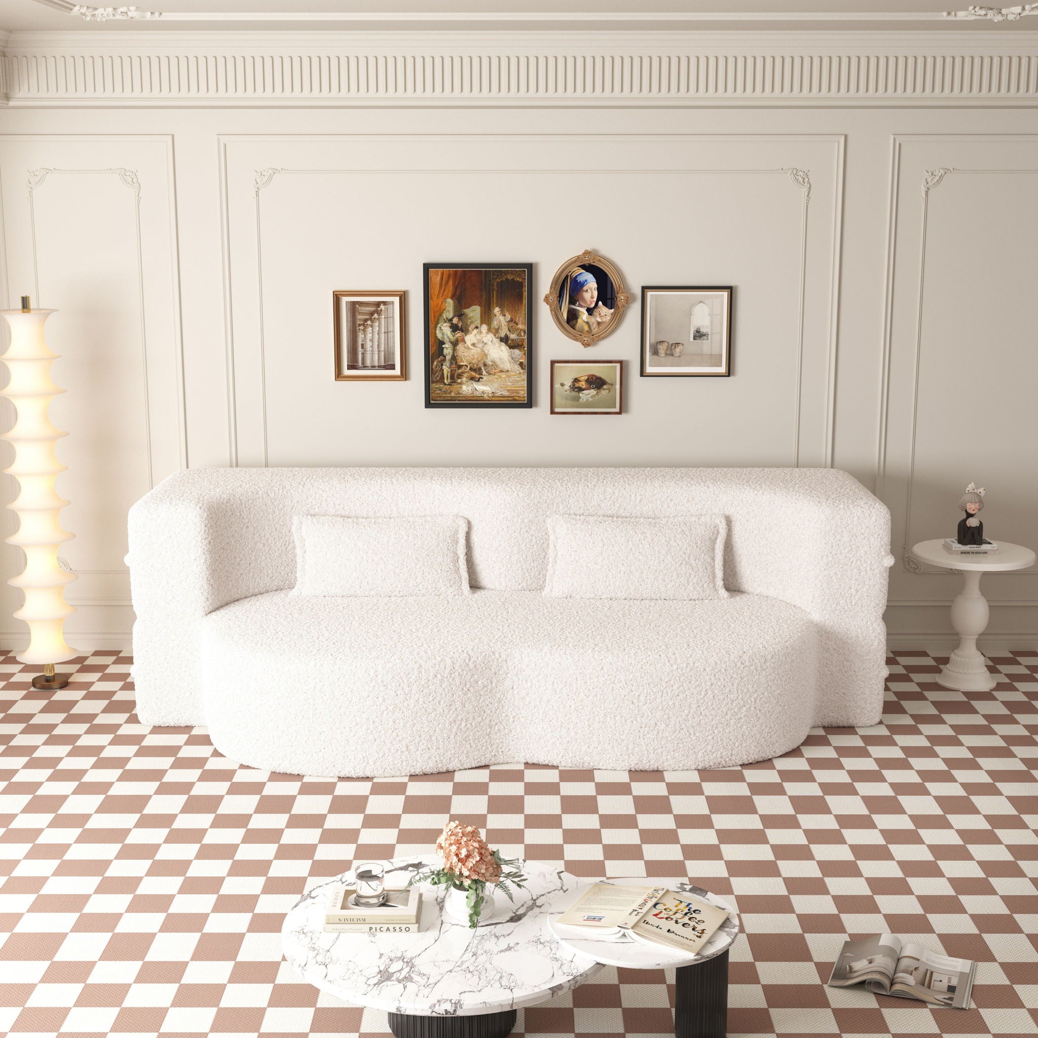 Modern Floor Sofa, With 2 Pillows, Convertible Teddy Fabric Foam Filled Bed