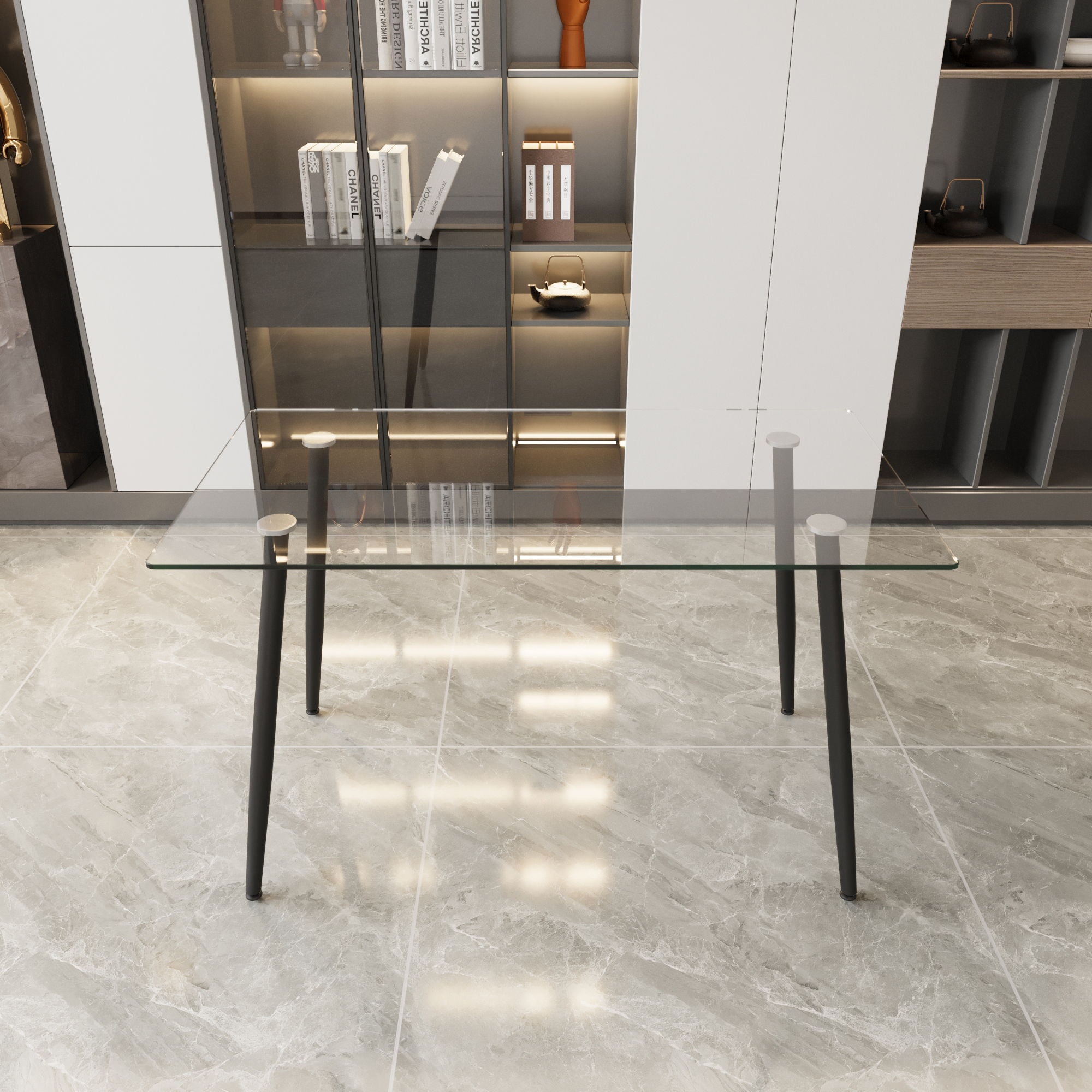 Modern Minimalist Rectangular Glass Dining Table With Tempered Glass Top Metal Legs, For 4 - 6 - Transparent