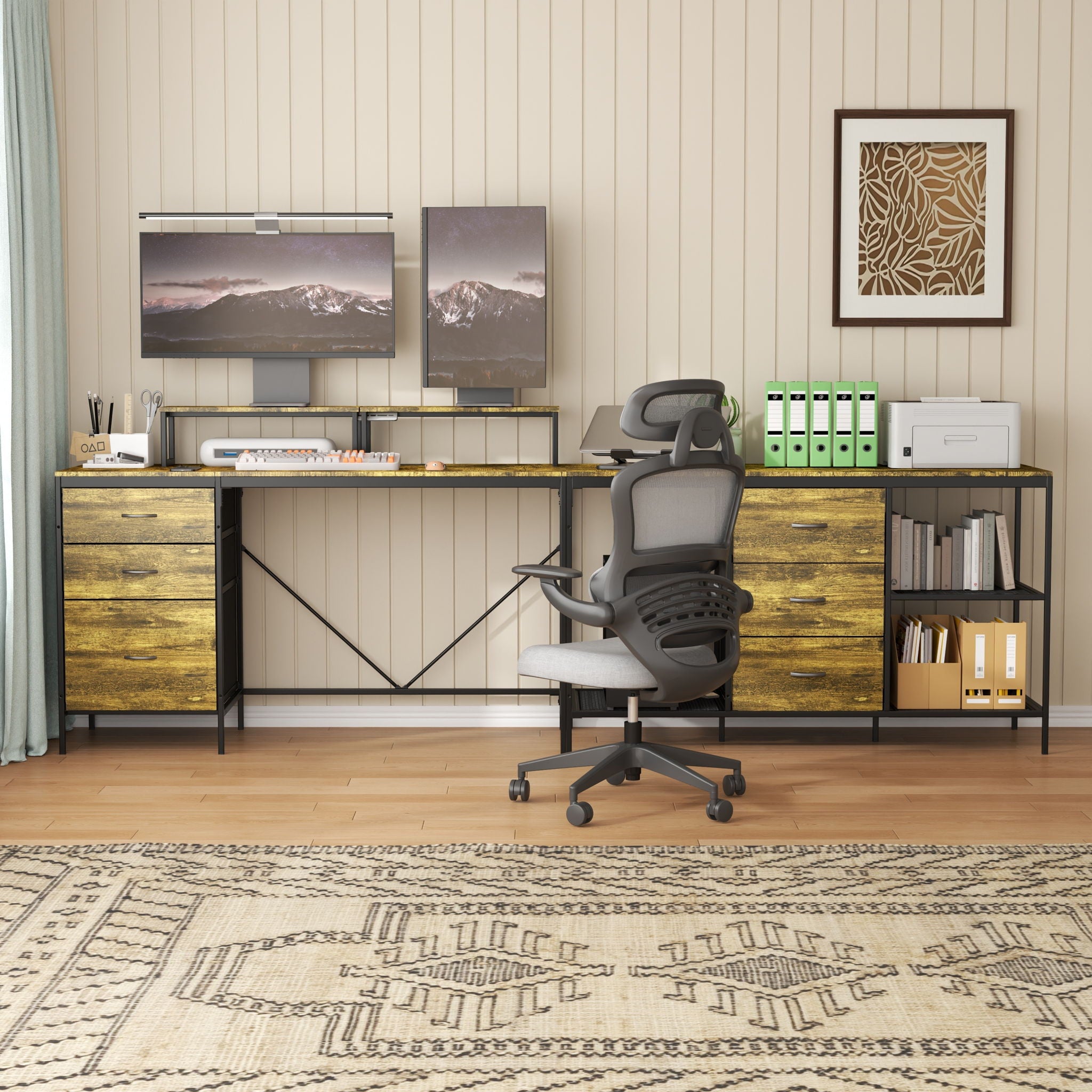 Industrial L Shaped Computer Desk With Power Outlets & USB-C, 6 Fabric Drawers, 3 Open Shelves, Movable Monitor Stands - Brown