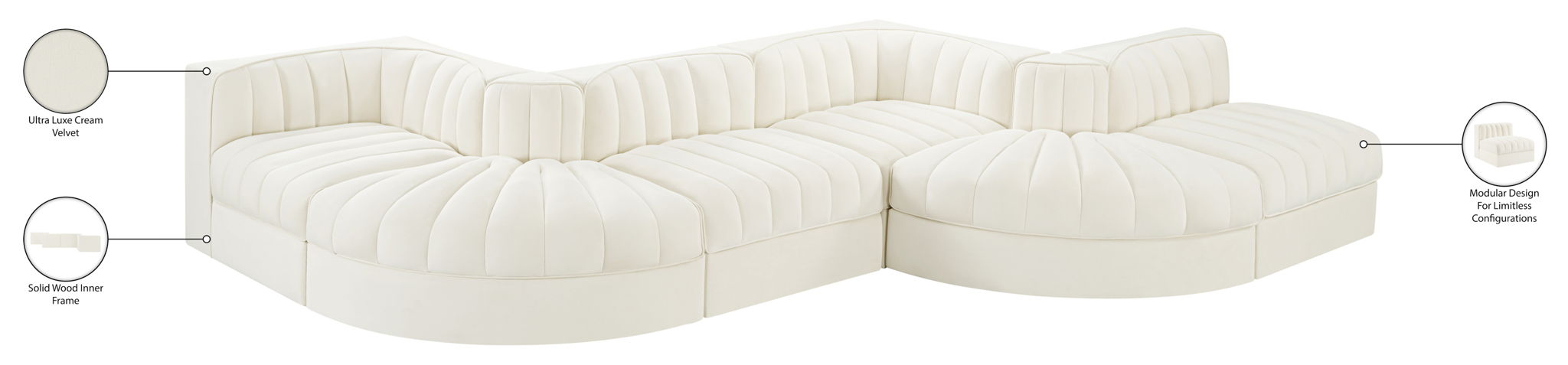 Rummi - Rounded Velvet Performance Fabric Upholstered 6 Piece Modular Sectional