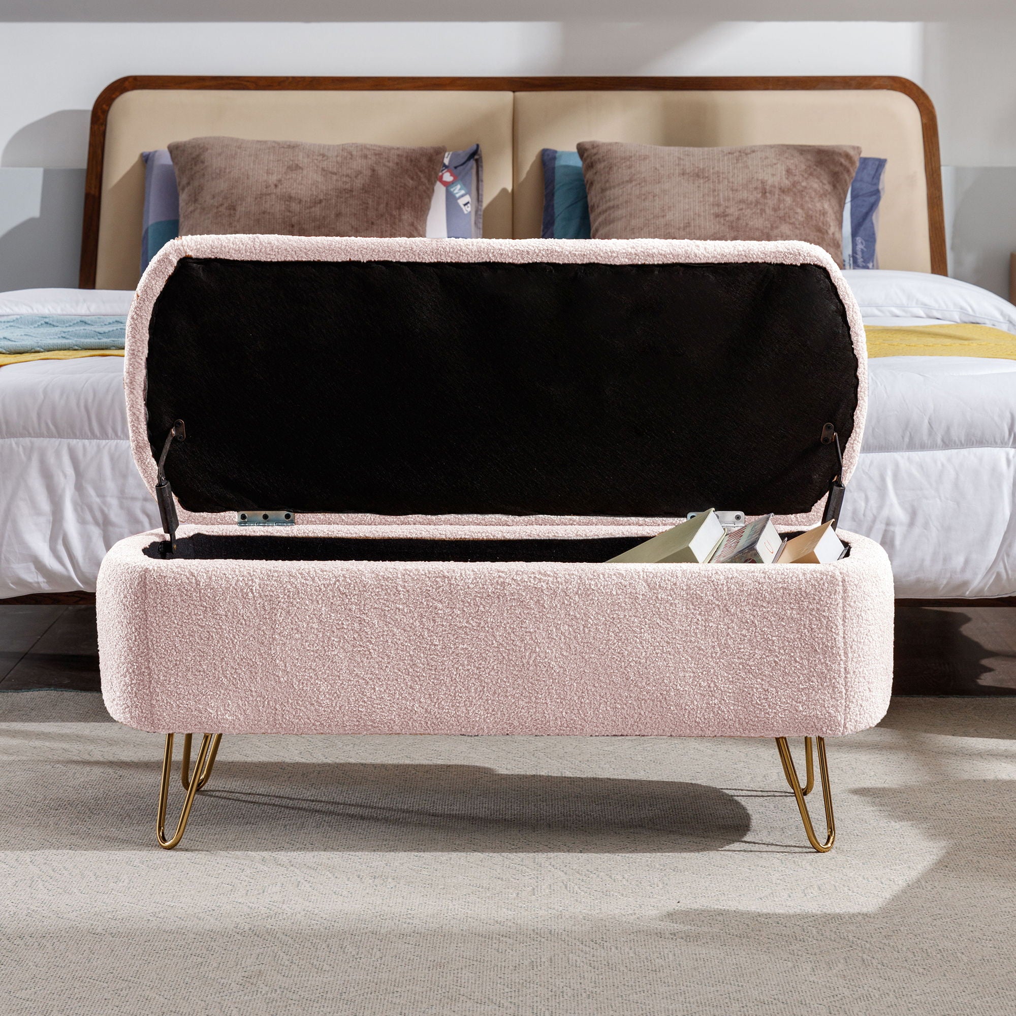 Storage Ottoman Bench For End Of Bed Legs, Modern Camel Faux Fur Entryway Bench Upholstered Padded With Storage For Living Room Bedroom