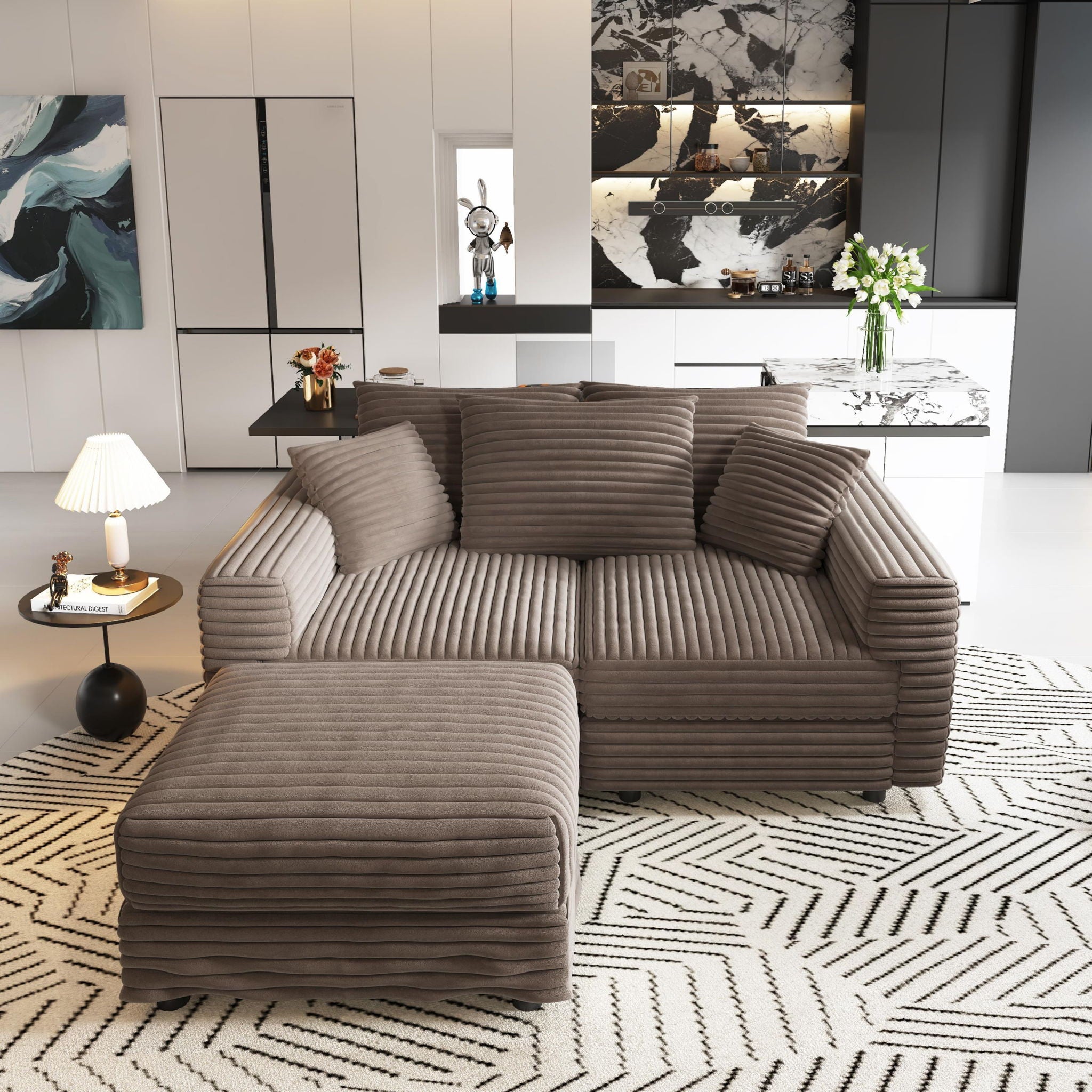 Deep Seat Convertible Sofa With Soft Pillows And Ottomans
