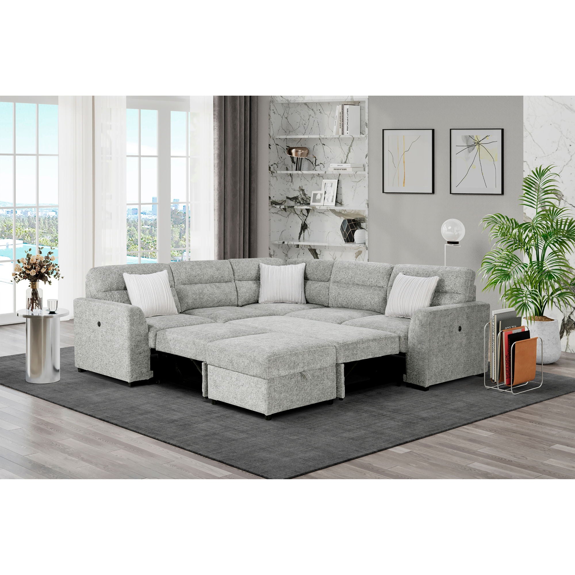 Emiliano - Sectional Sofa With 3 Pillows And Storage Ottoman - Nickel