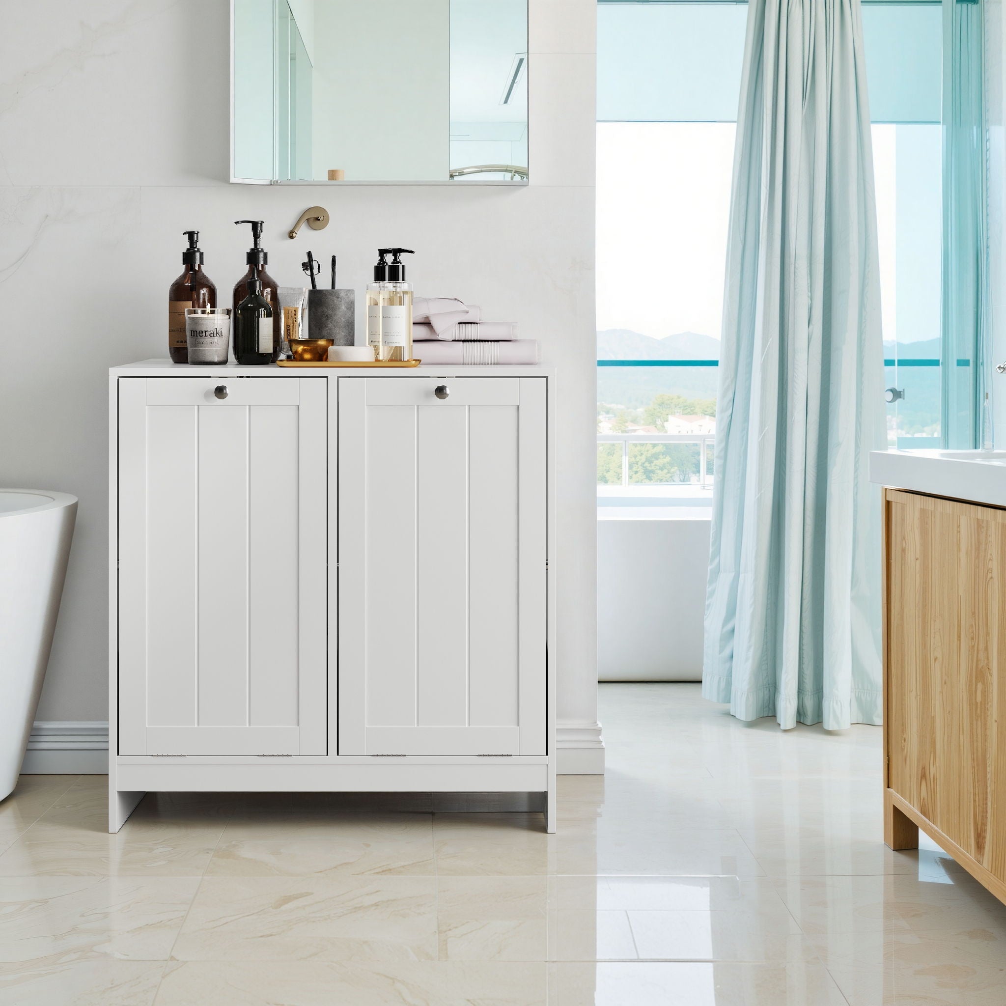 Tilted Laundry Hamper With Removable Basket, Hidden Storage Cabinet, Home Organizer For Bathroom - White