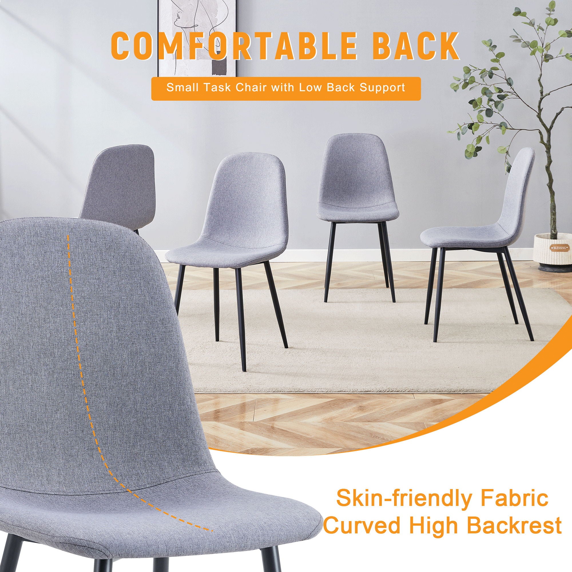 Luxury Simple Chair Linen Cotton High Resilience Dining Chair With Black Metal Legs (Set of 4) - Light Gray