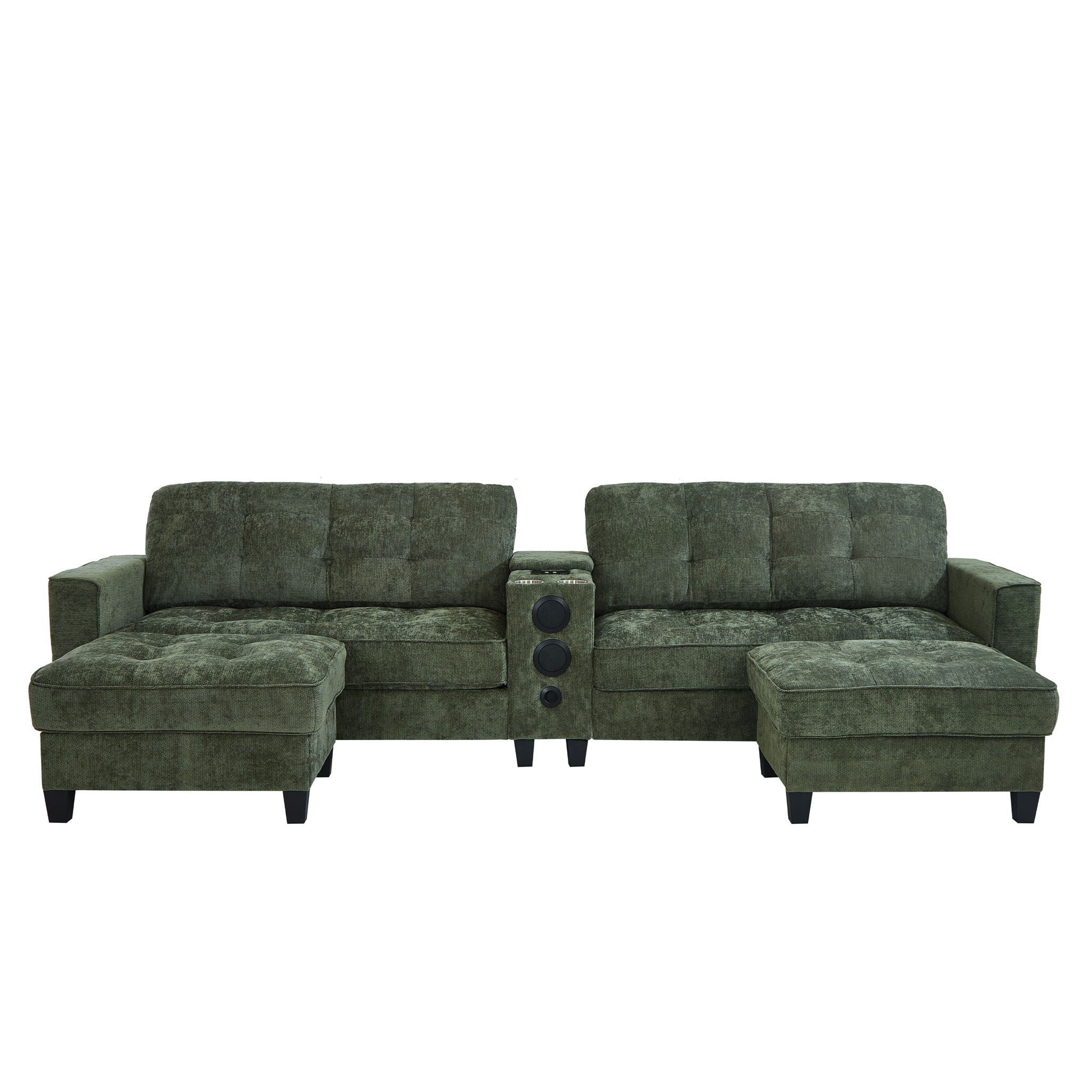 Modern Sectional Sofa U-Shaped With Movable Ottomans, tooth Speakers, LED Lights And Modular Storage
