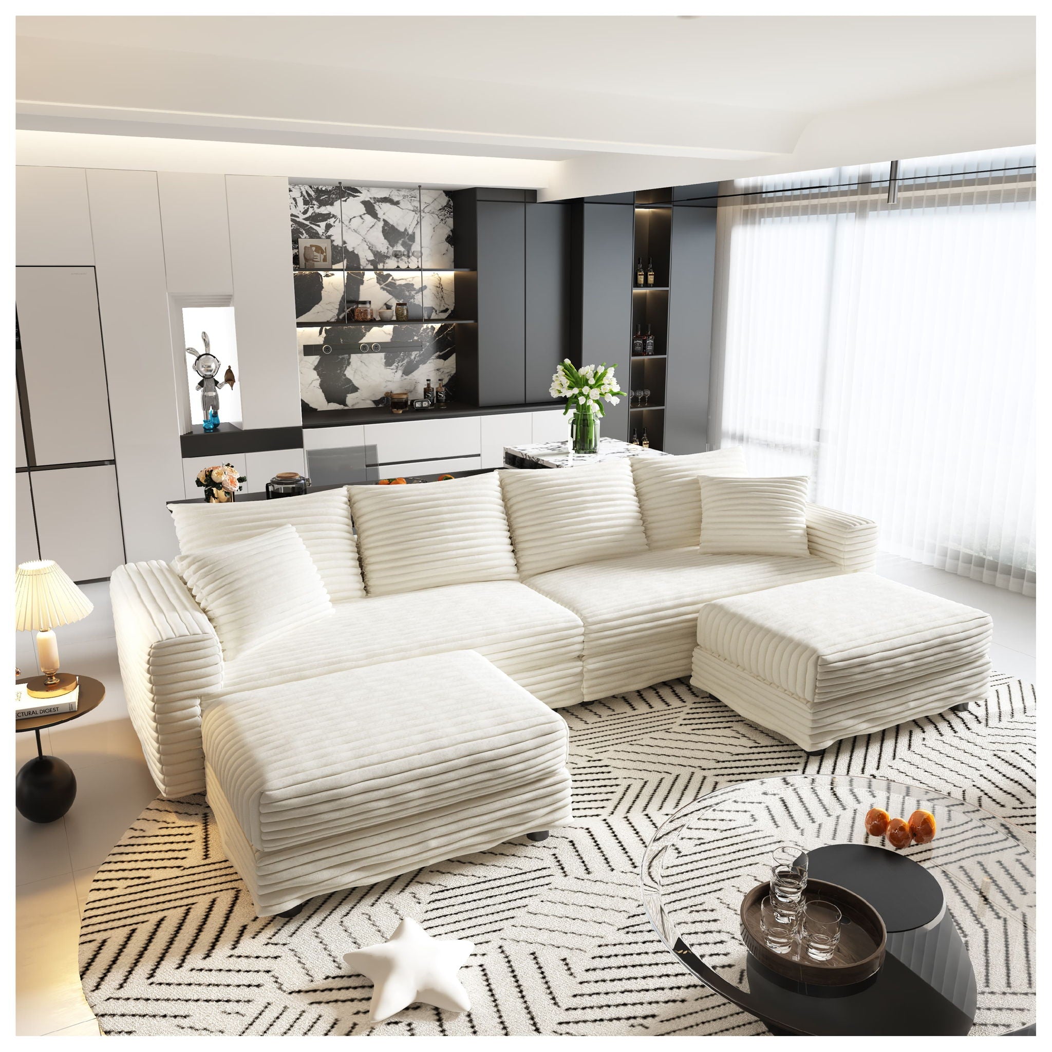 Deep Seat Convertible Sofa With Soft Pillows And Ottomans