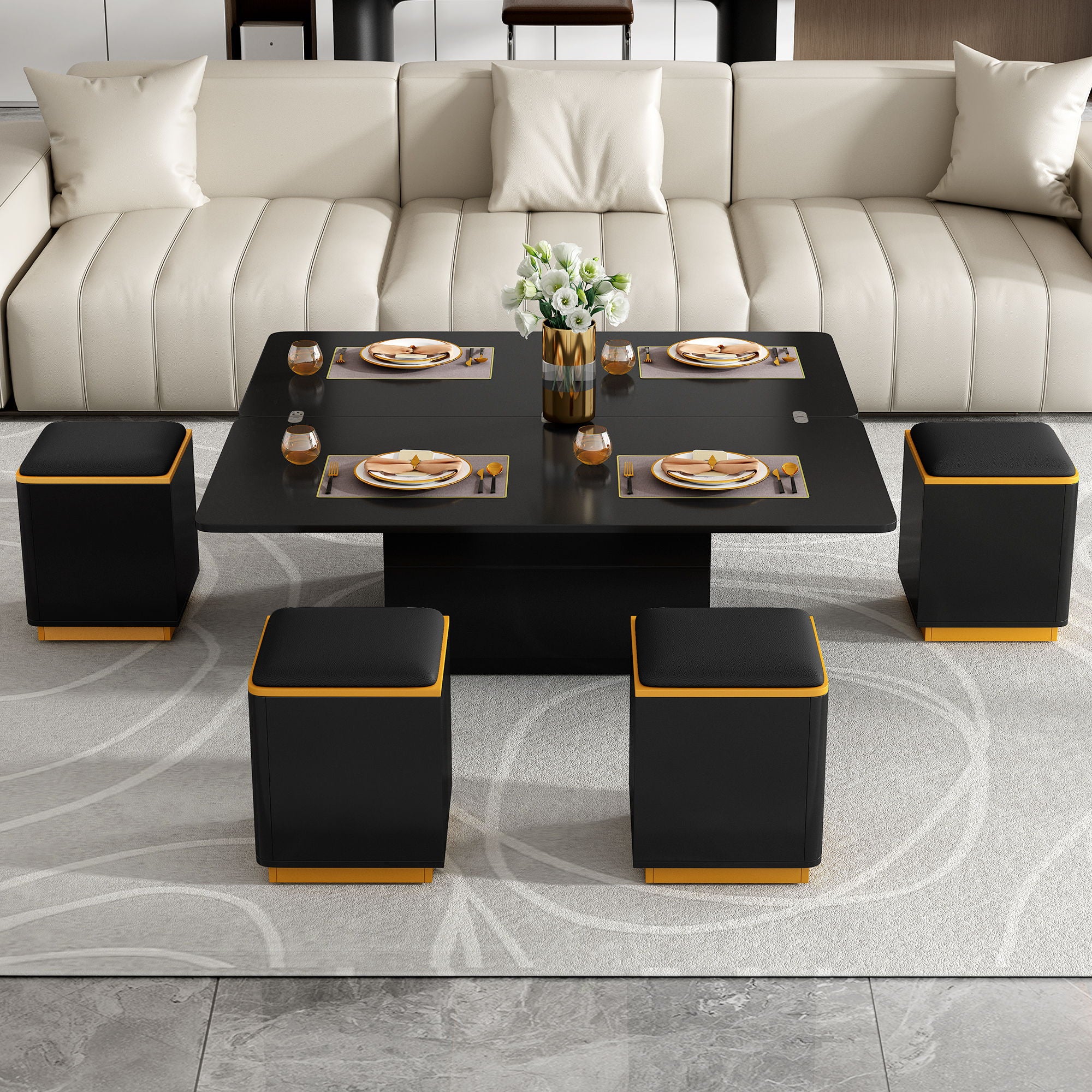 Lift Top Coffee Table With 4 Storage Stools