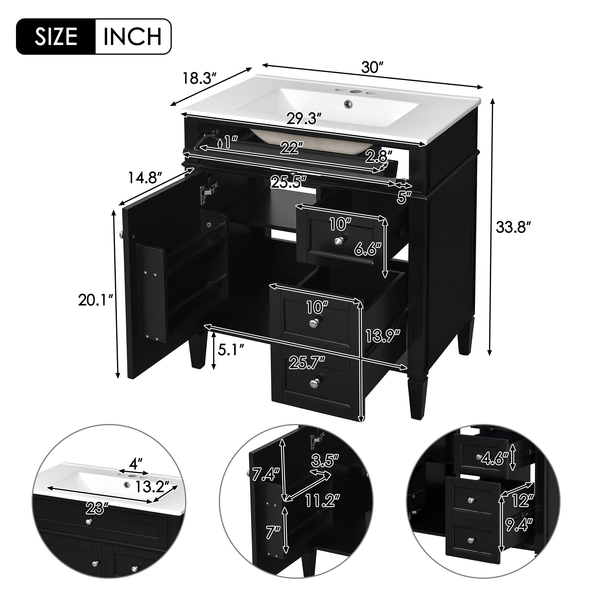 Bathroom Vanity With Top Sink, 2 Doors And 3 Drawers, Freestanding Set With Mirror Cabinet