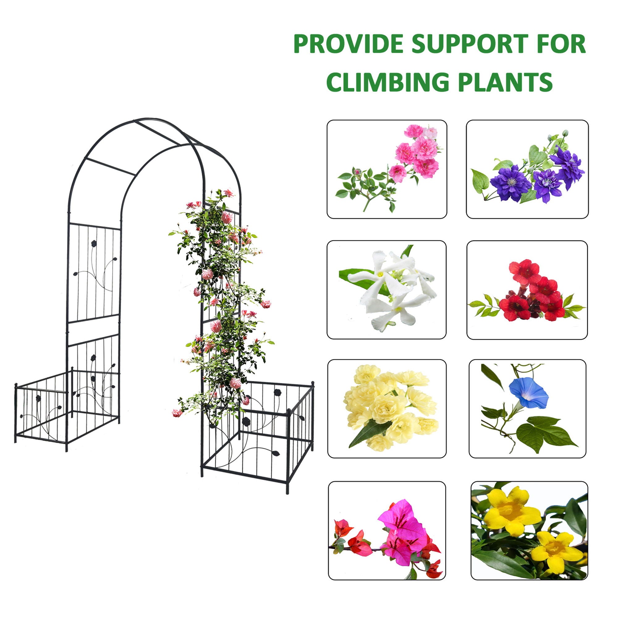 Metal Garden Arch With Two Plant Stands Wide High Climbing Plants Support Rose Arch Outdoor - Black
