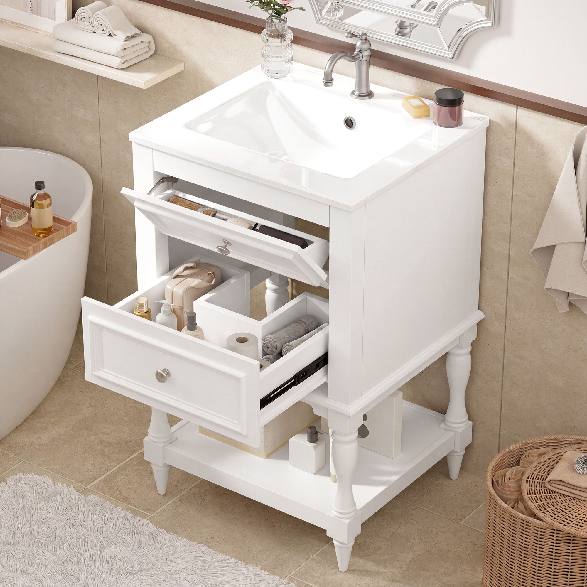 Retro Design Bathroom Vanity With Sink, 2 Drawer Storage Cabinet