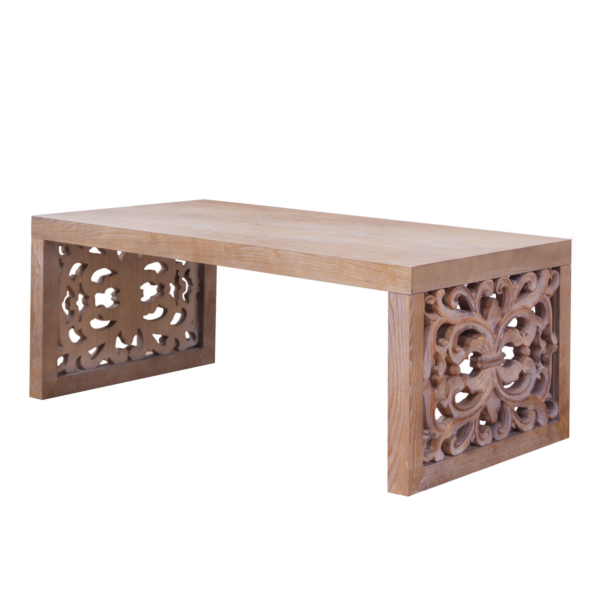 Rustic Carved Wood Coffee Table, Handcrafted Look With Ornate Side Panels