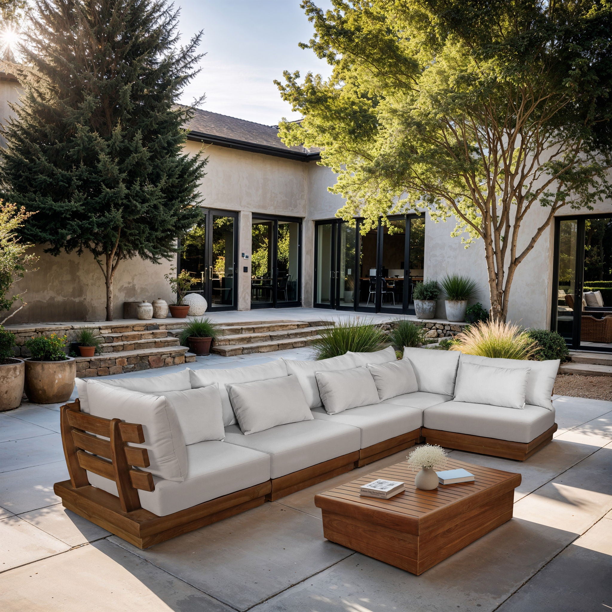 Mirella - 5 Piece Water Resistant Fabric Upholstered Outdoor Patio Modular Sectional