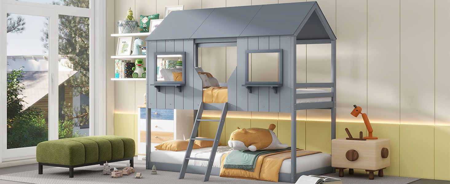 Twin Over Twin Bunk Bed With Roof, Window, Guardrail, Ladder
