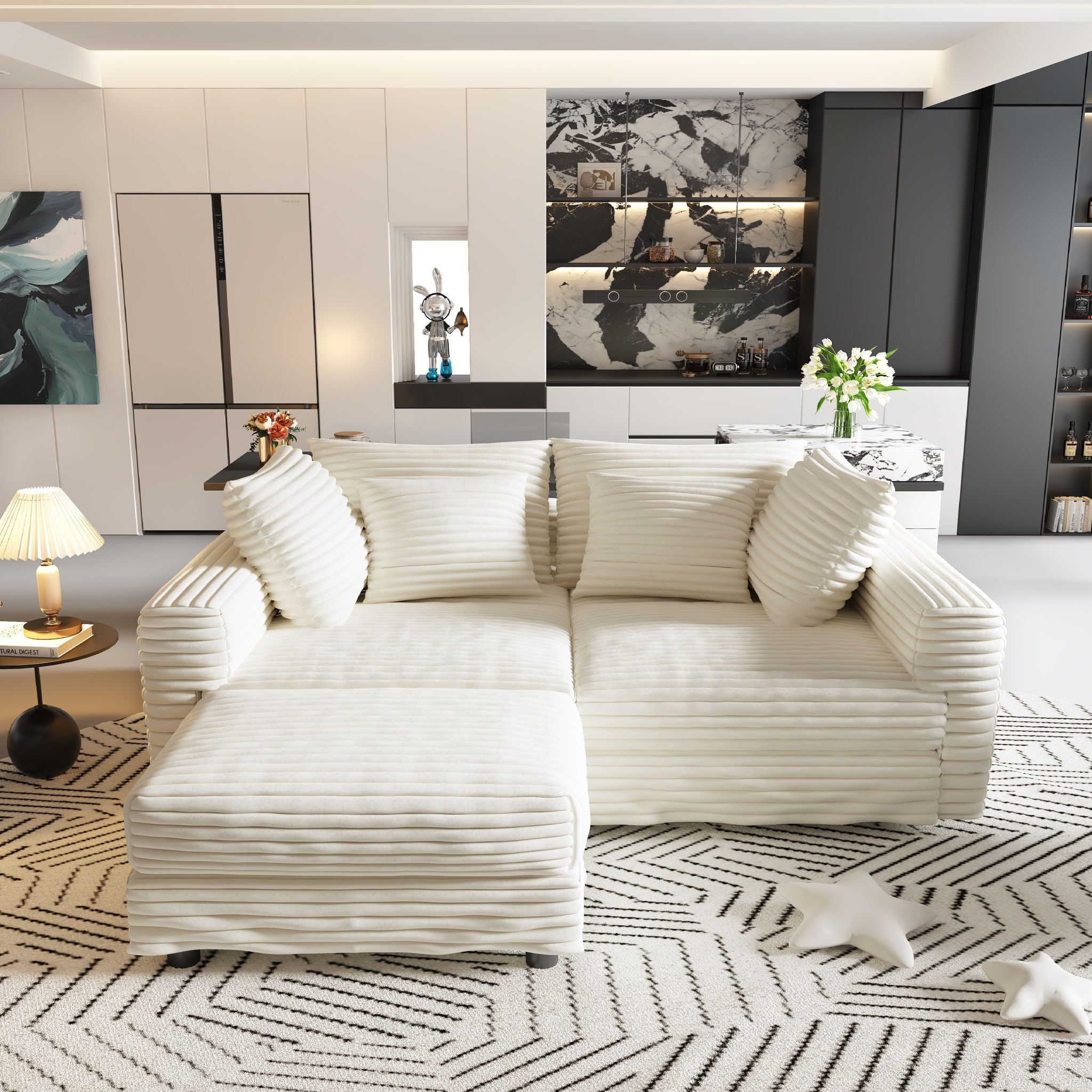 Deep Seat Convertible Sofa With Soft Pillows And Ottomans