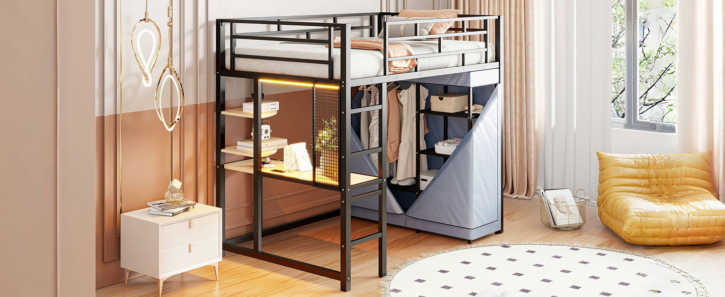 Loft Bed With Desk, Shelves, Power Outlet, LED Light And Wardrobe