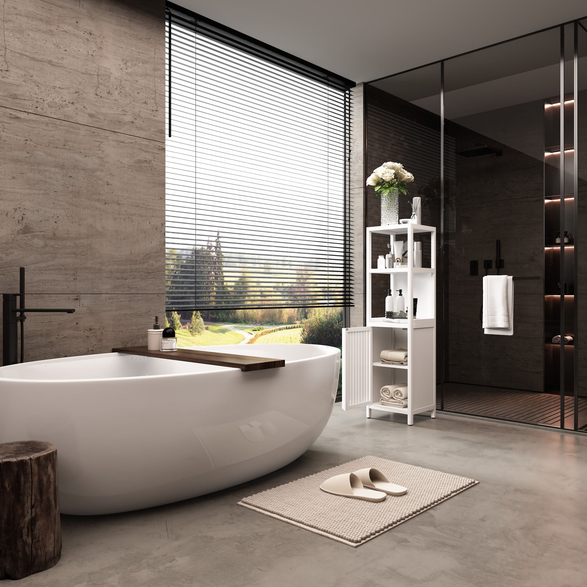 Storage Cabinet With Tall Tower, Multifunctional For Bathroom