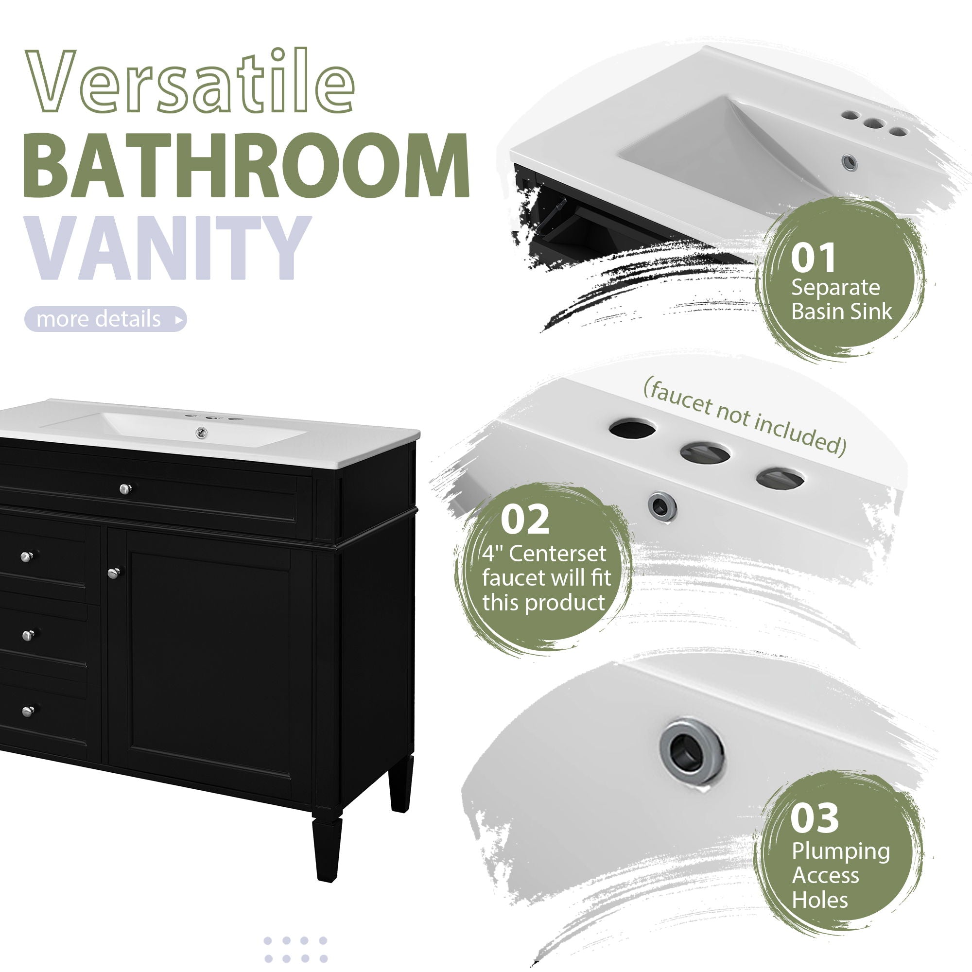 Bathroom Vanity With Mirror Cabinet, Single Sink With 2 Soft Closing Doors And 4 Drawers