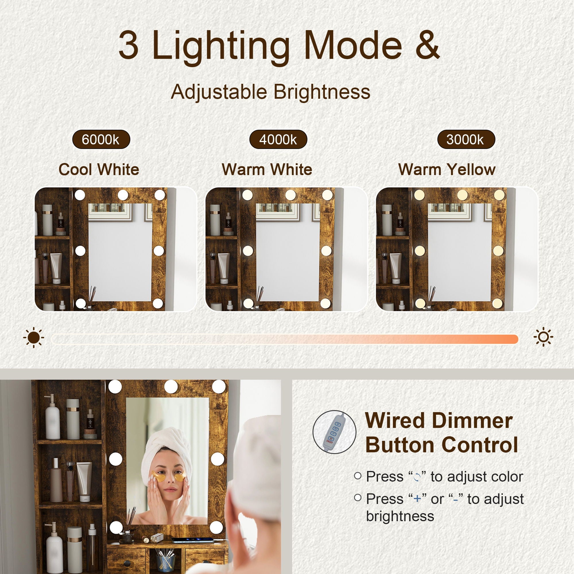 Vanity Table With Mirror, Adjustable LED Lights, Power Outlet, Hairdryer Holder & Stool