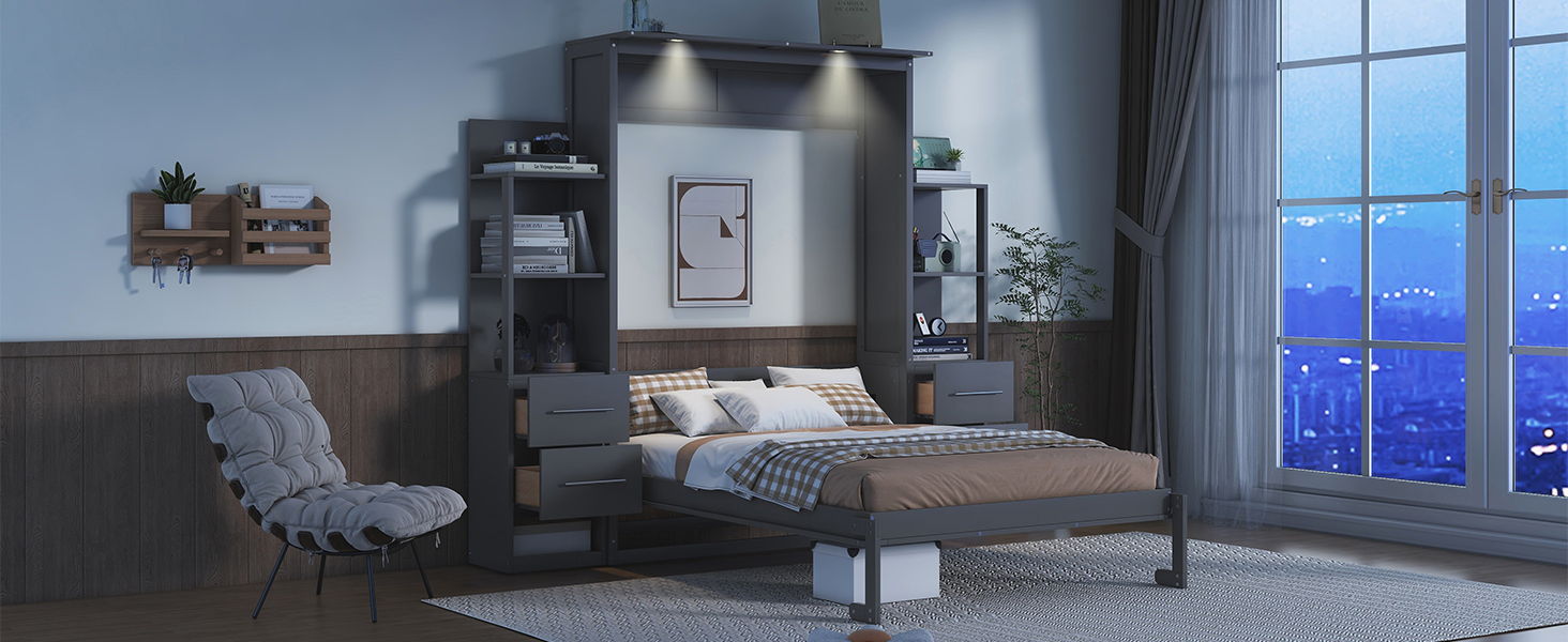 Murphy Wall Bed With LED Lights, Shelves And Drawers