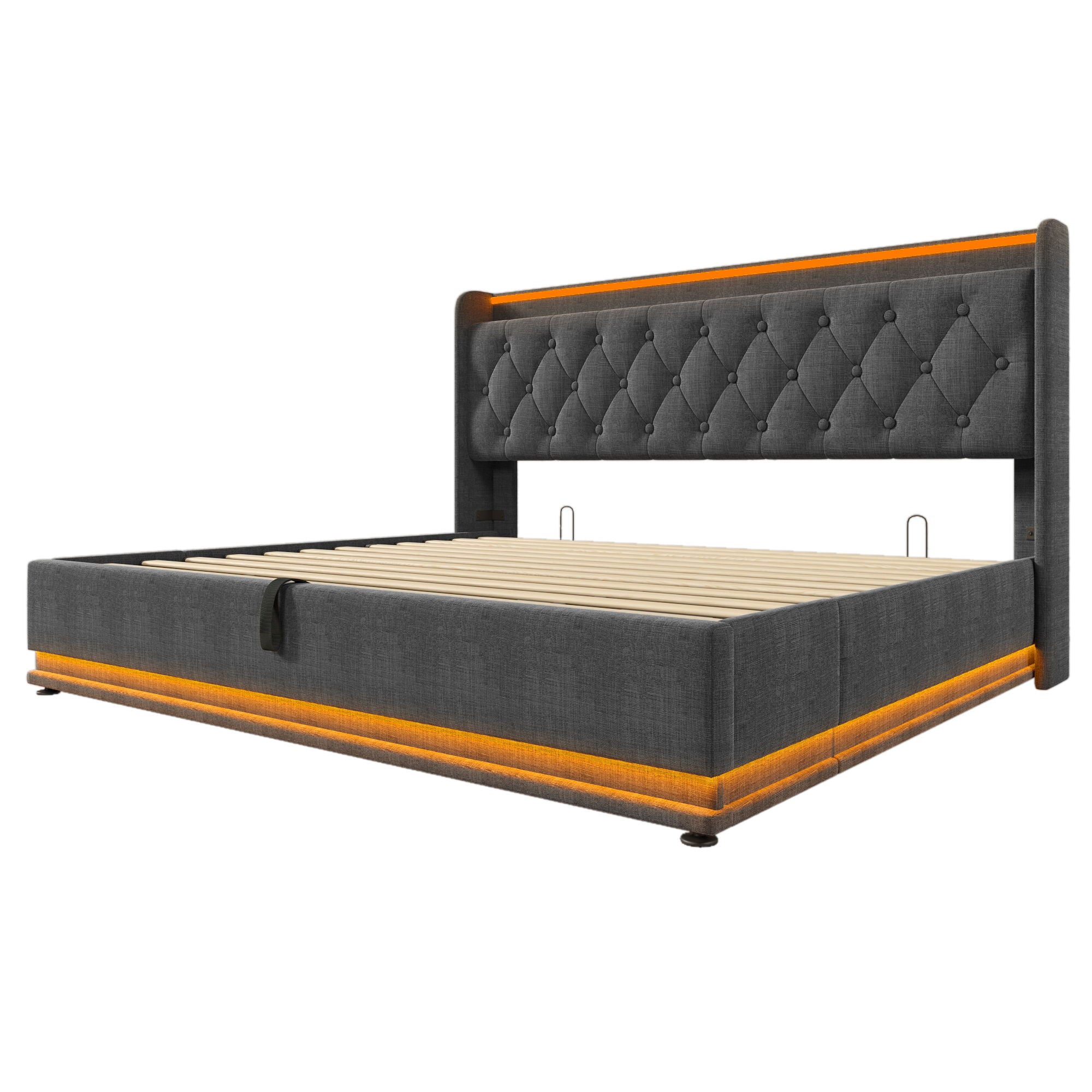 Upholstered Bed, 360 Surround LED Function, Remote Control, Hydraulic Storage Bed With USB, Type-C Charging (Without Mattress)