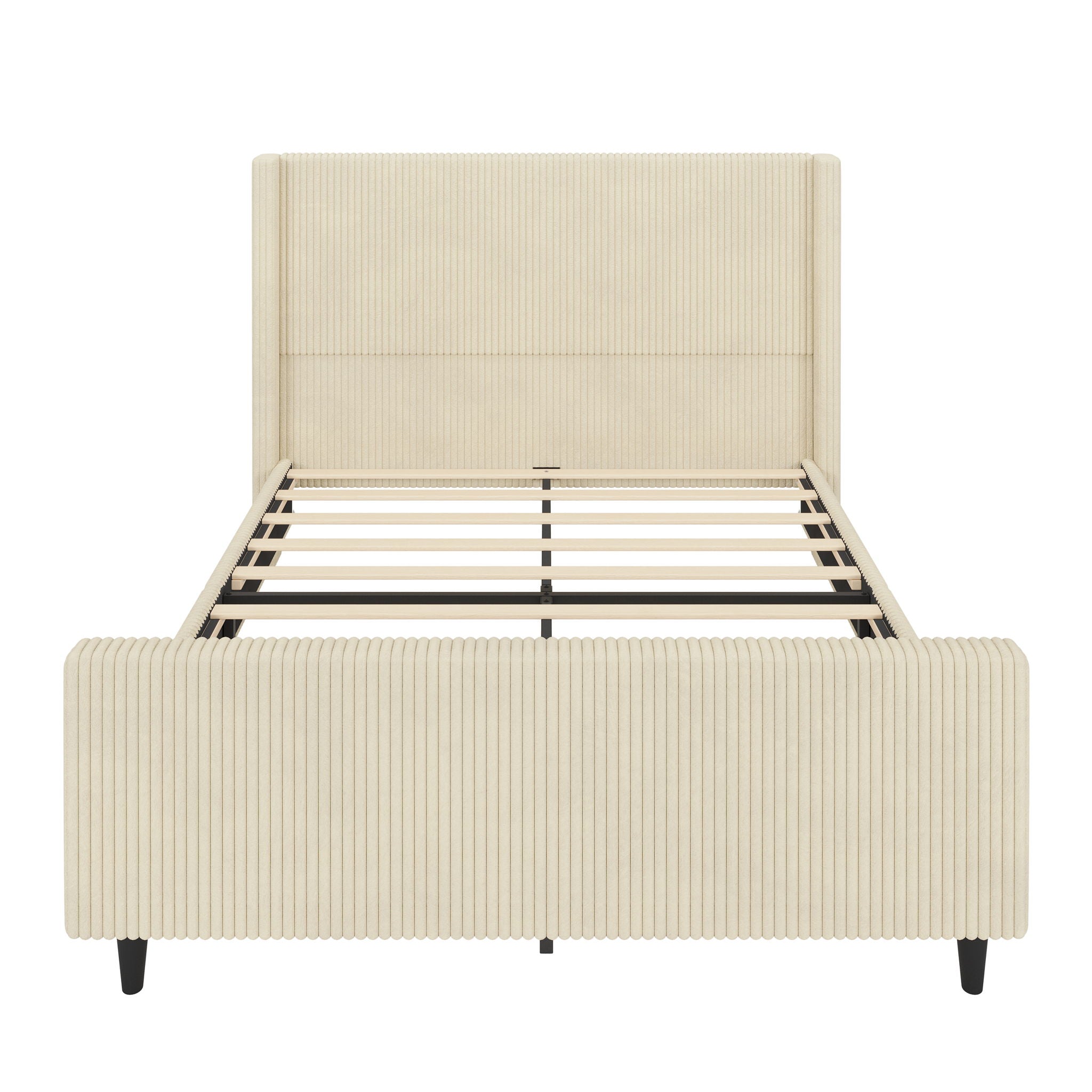 Upholstered Bed Frame With Vertical Stripe Wingback And High Footboard