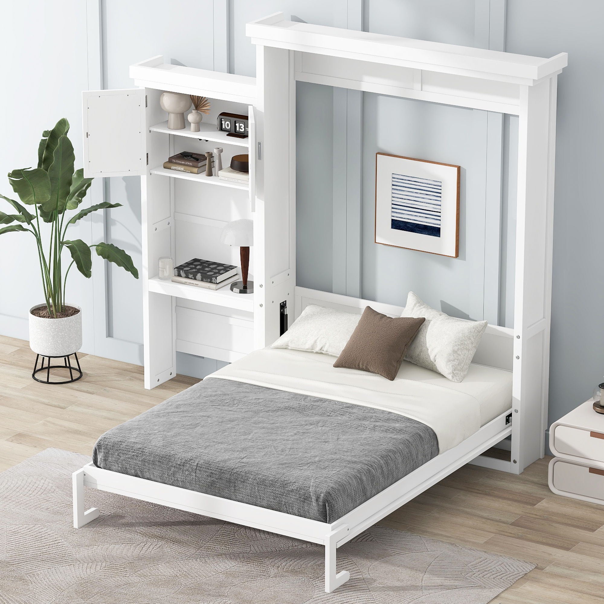 Queen Size Murphy Bed With Louvered Design And Multiple Storage Shelves - White